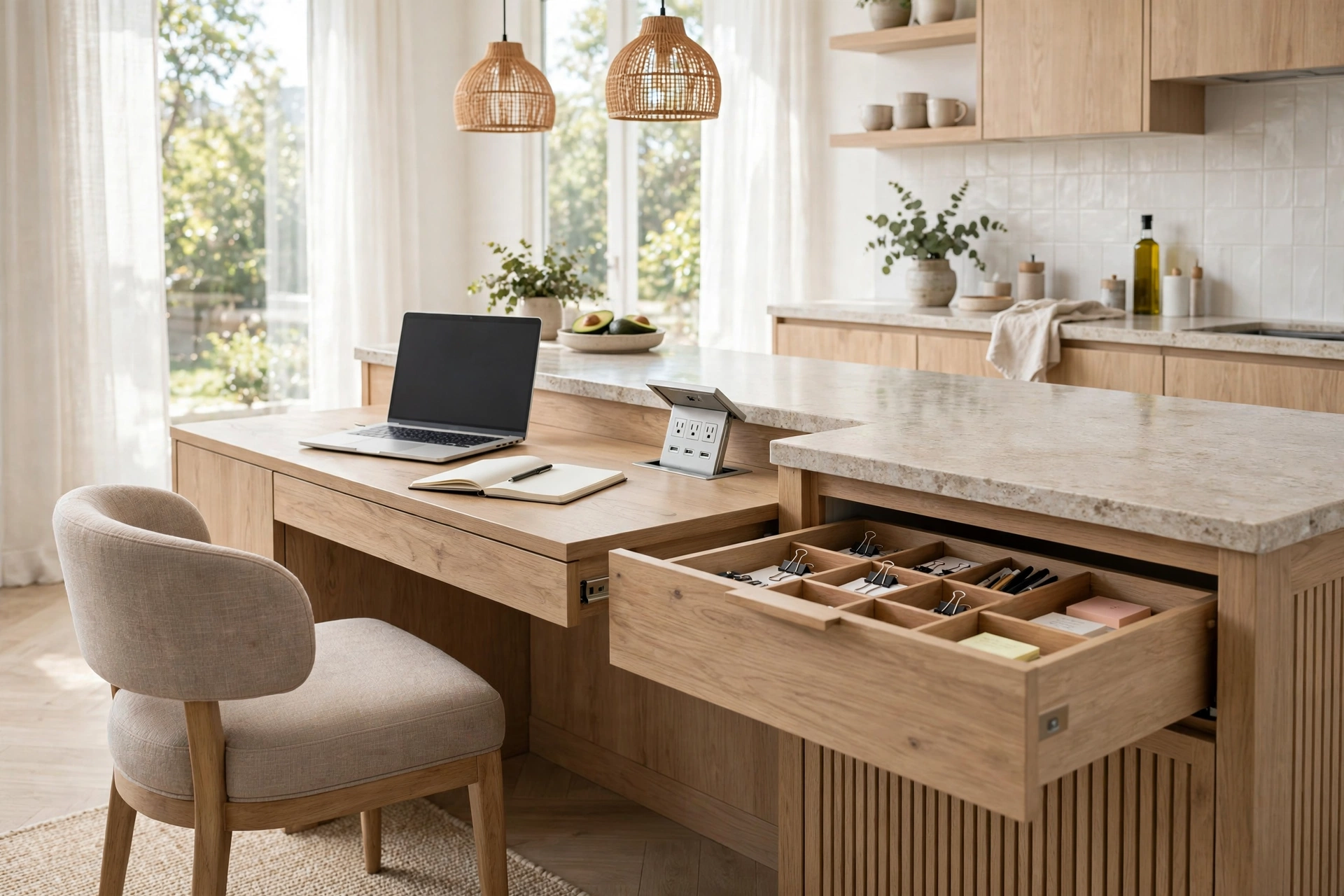 Kitchen island with desk-height seating section, laptop, pop-up power outlet and organised drawer