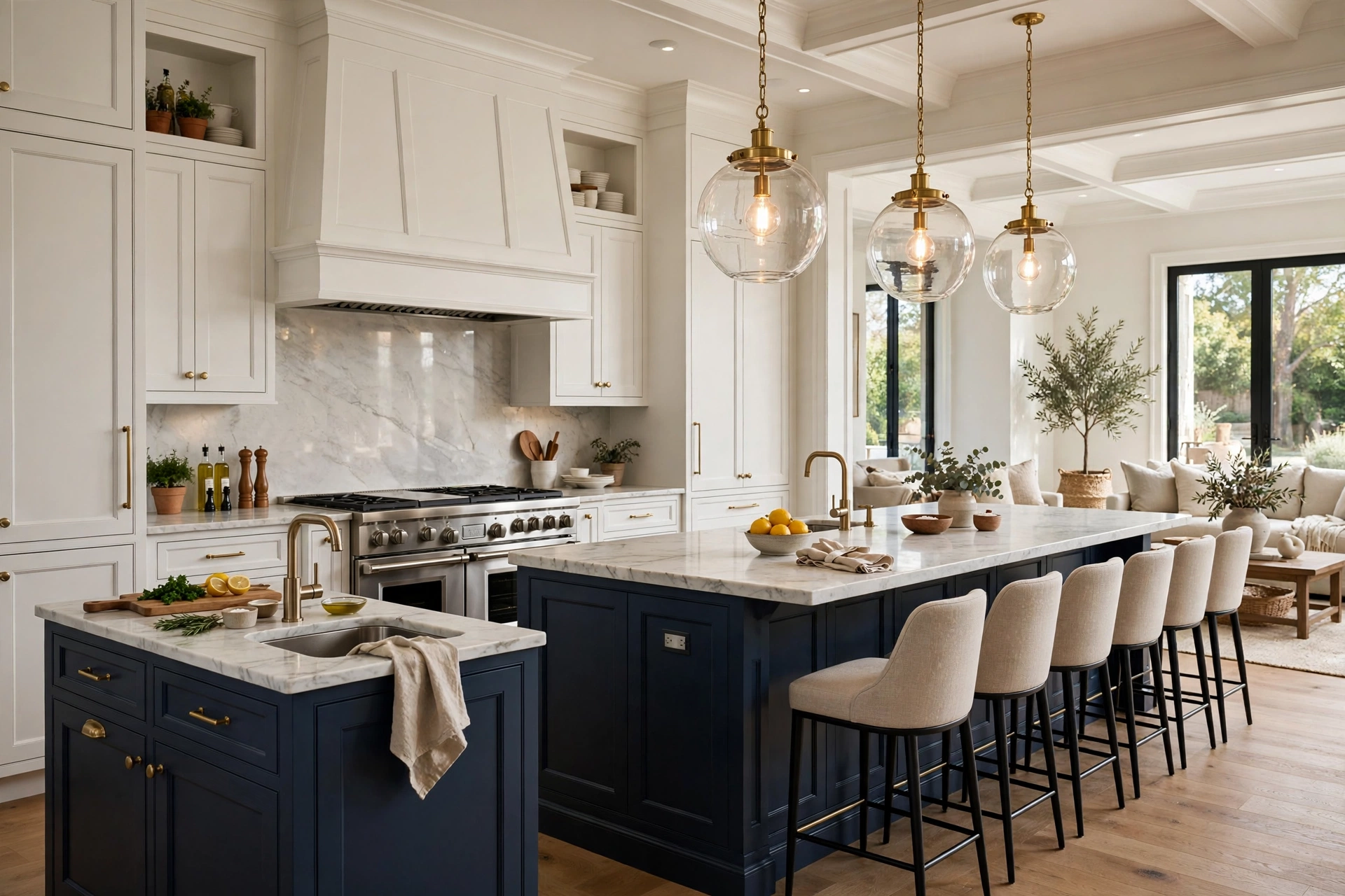 Luxury kitchen with two islands: a prep island with sink and a longer seating island with five bar stools