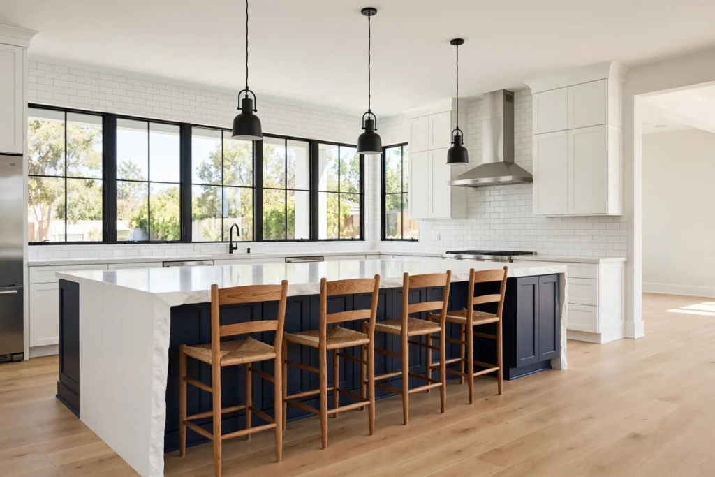 Modern kitchen with a navy blue waterfall-edge kitchen island, wooden overhang seating side, four oak bar stools and black pendant lights