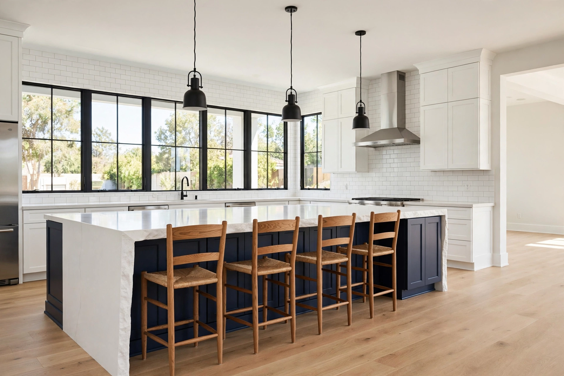 Modern kitchen with a navy blue waterfall-edge kitchen island, wooden overhang seating side, four oak bar stools and black pendant lights