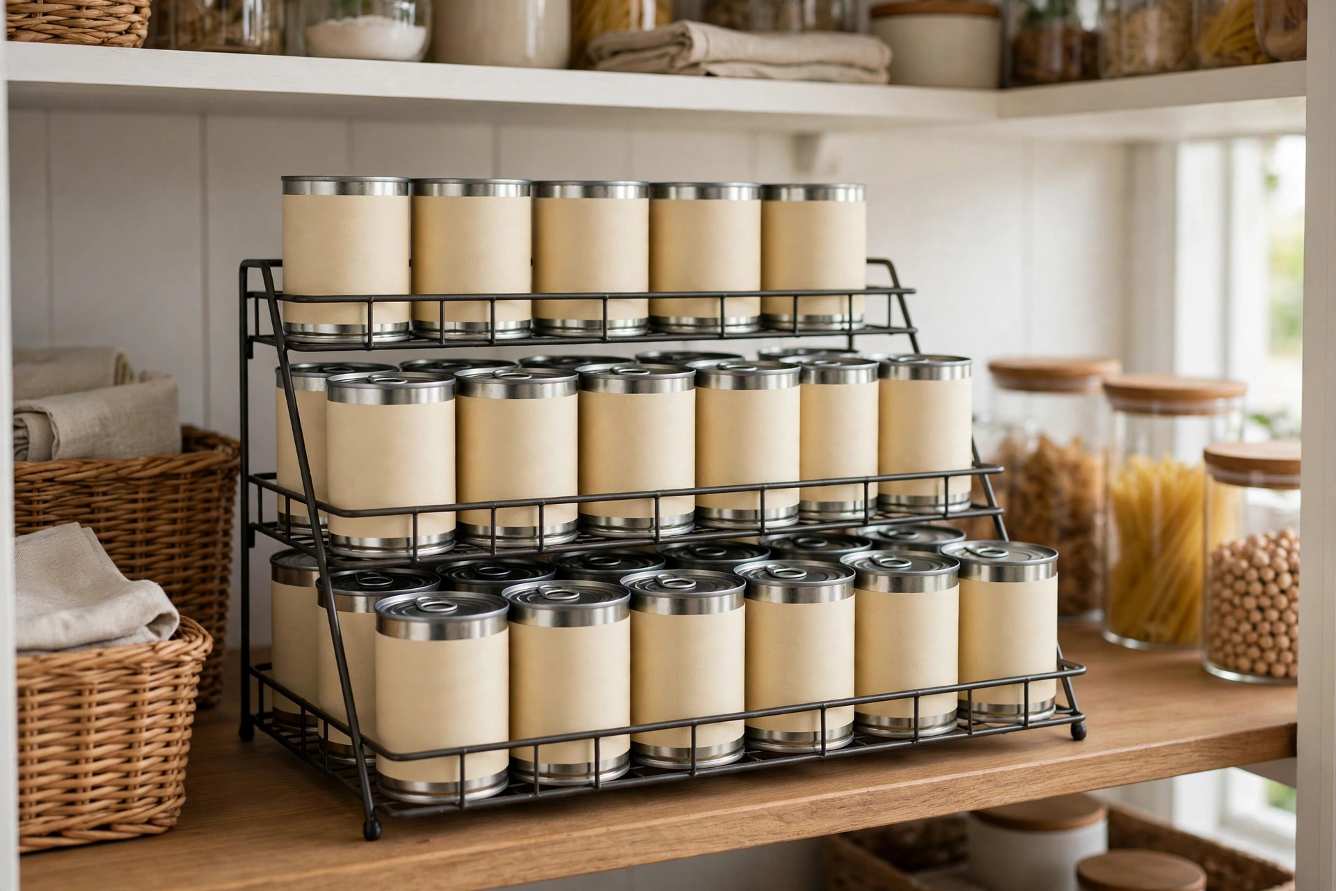 Tiered rack of tinned goods arranged front to back by date in a pantry