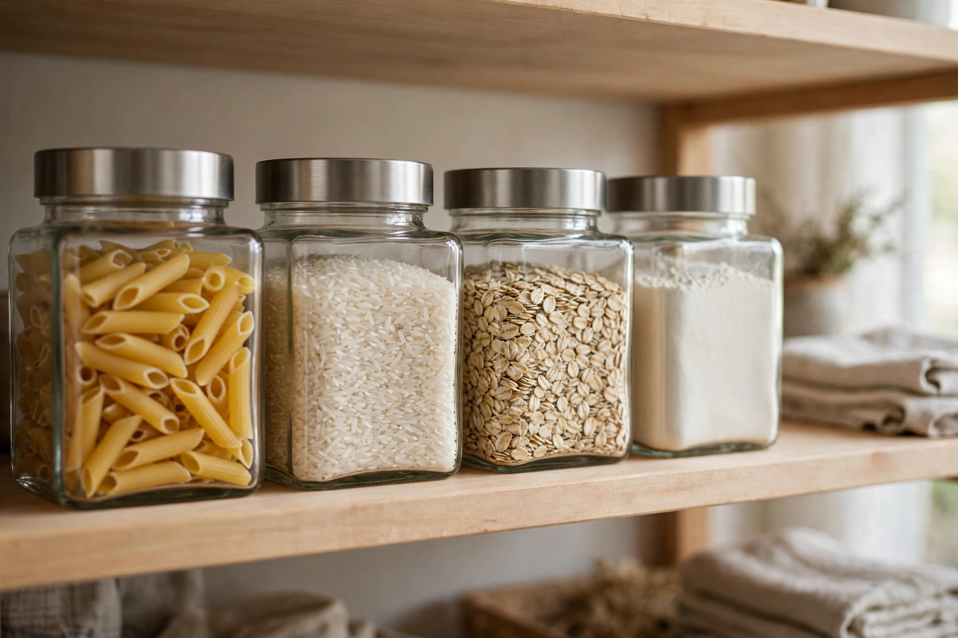 Matching clear glass jars of pasta, rice and flour with labels on pantry shelves