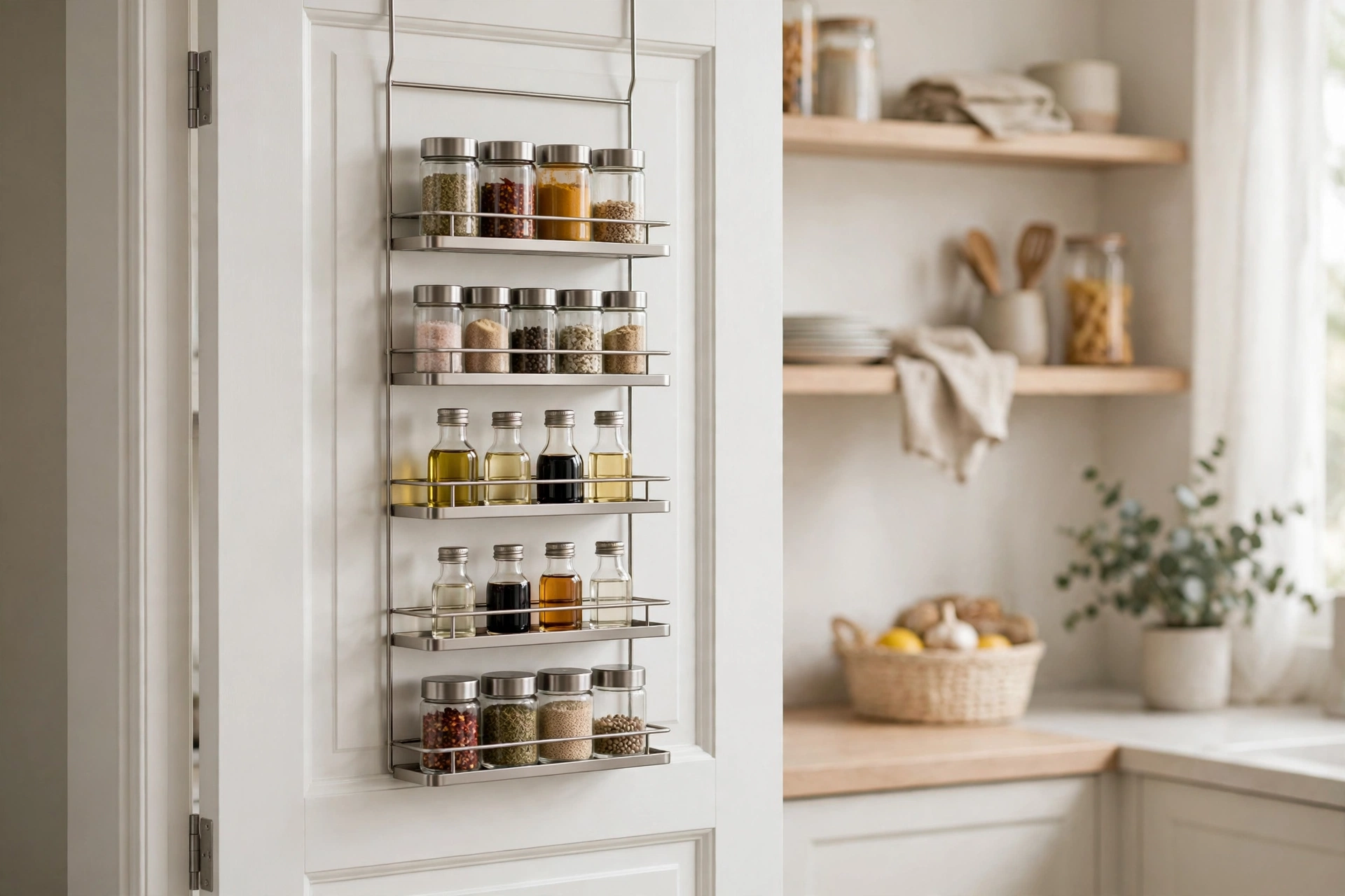 Over-the-door spice rack organiser inside a pantry door