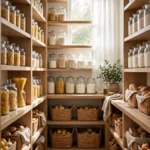 Bright walk-in kitchen pantry with U-shaped wooden shelving, organised glass jars and woven baskets