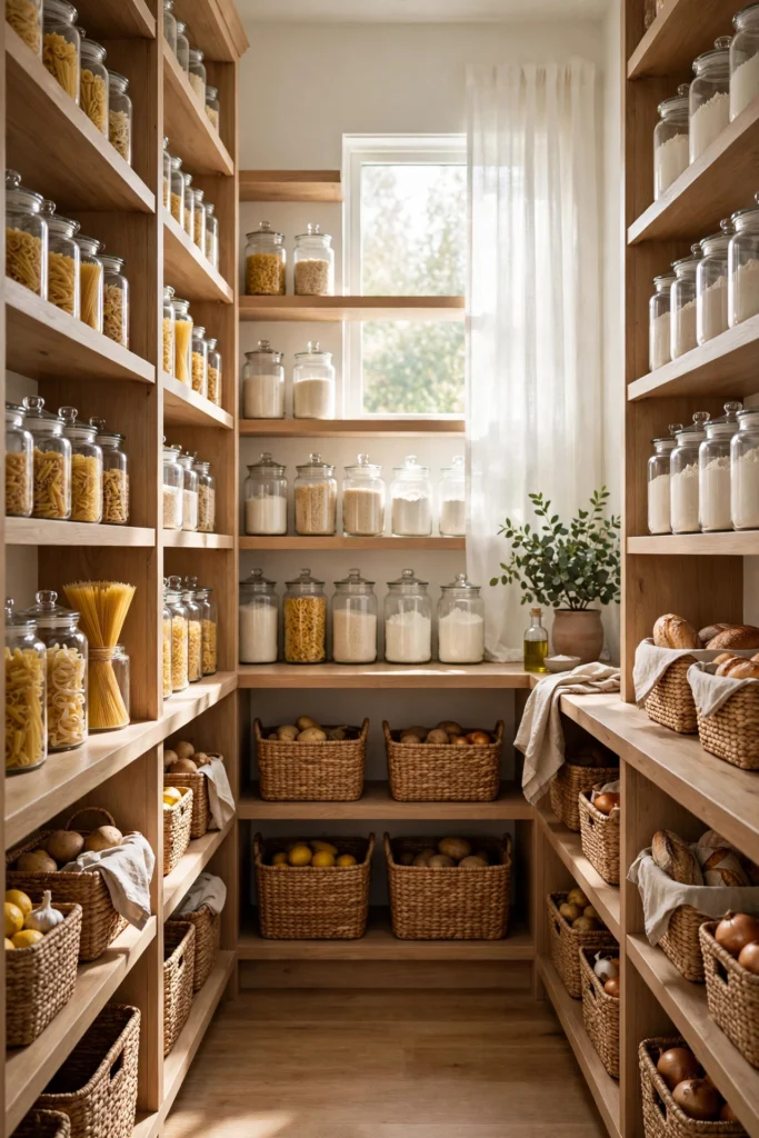 Bright walk-in kitchen pantry with U-shaped wooden shelving, organised glass jars and woven baskets