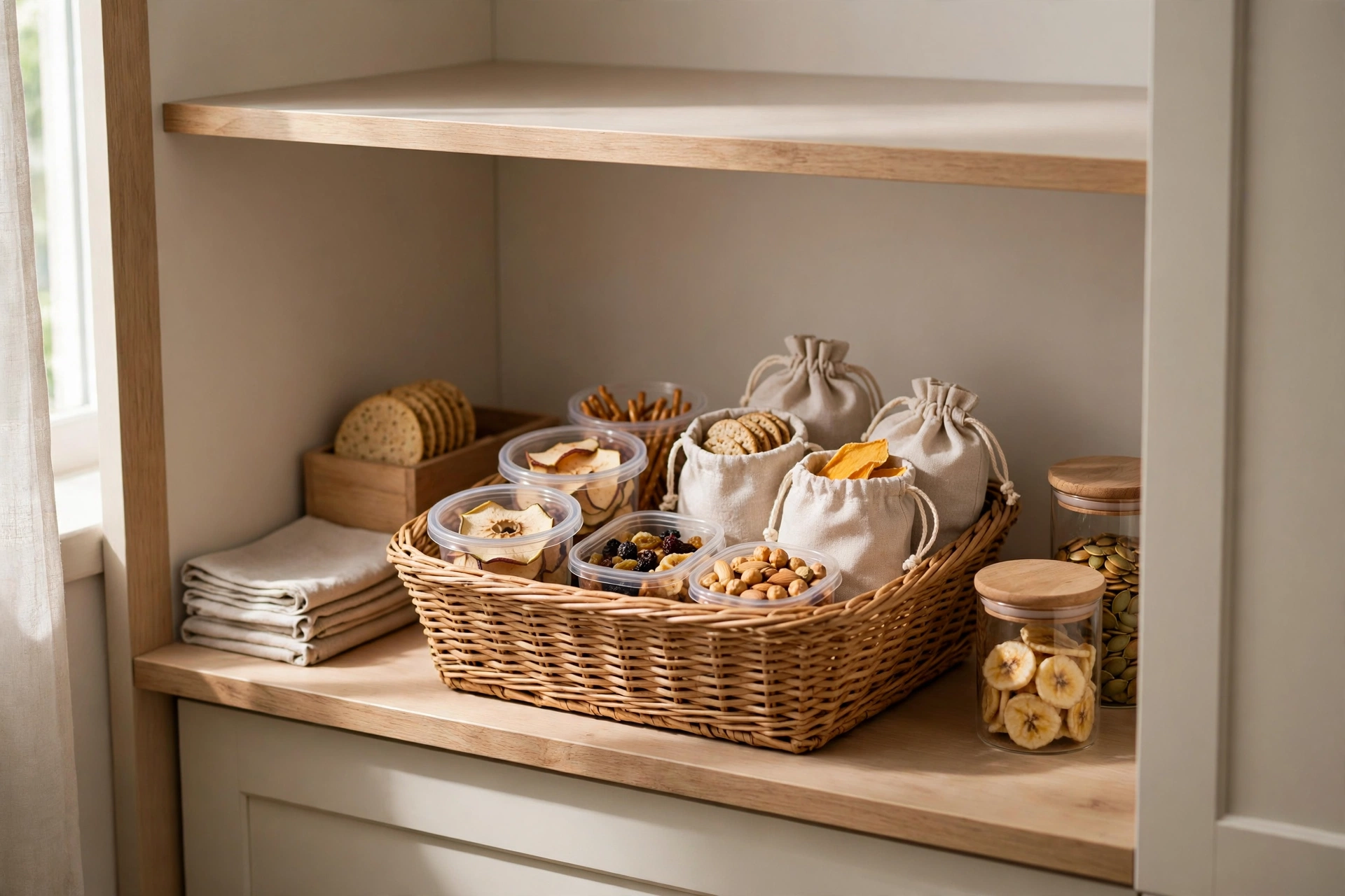 Low pantry shelf with a labelled snack basket at child height