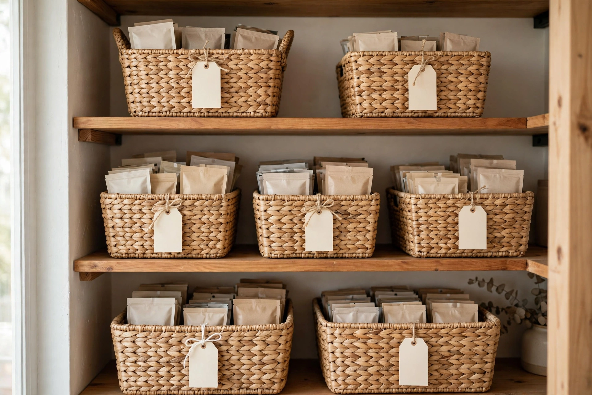 Labelled woven baskets corralling snacks and small packets on pantry shelves