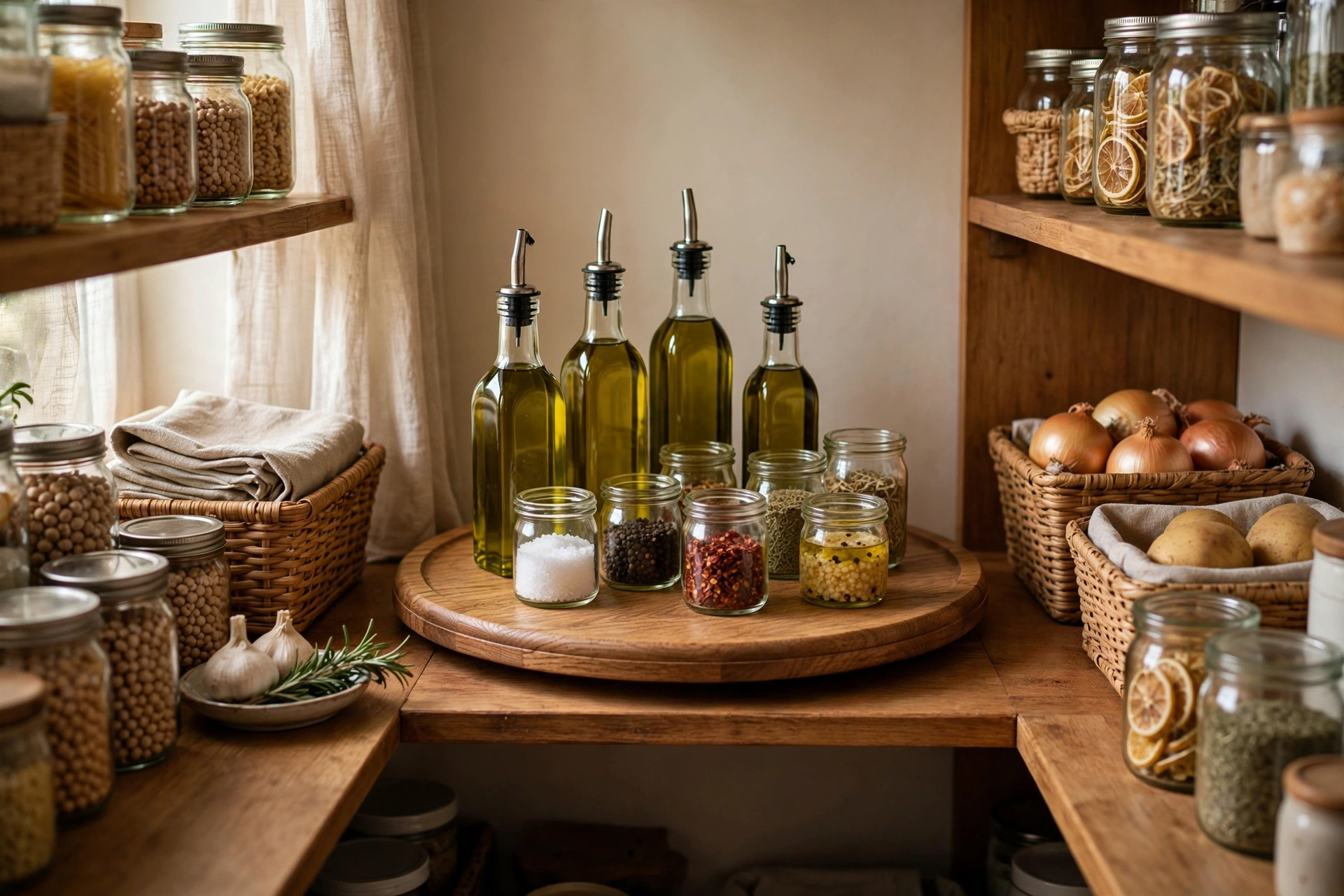 Lazy susan turntable with oils and condiments in a pantry corner