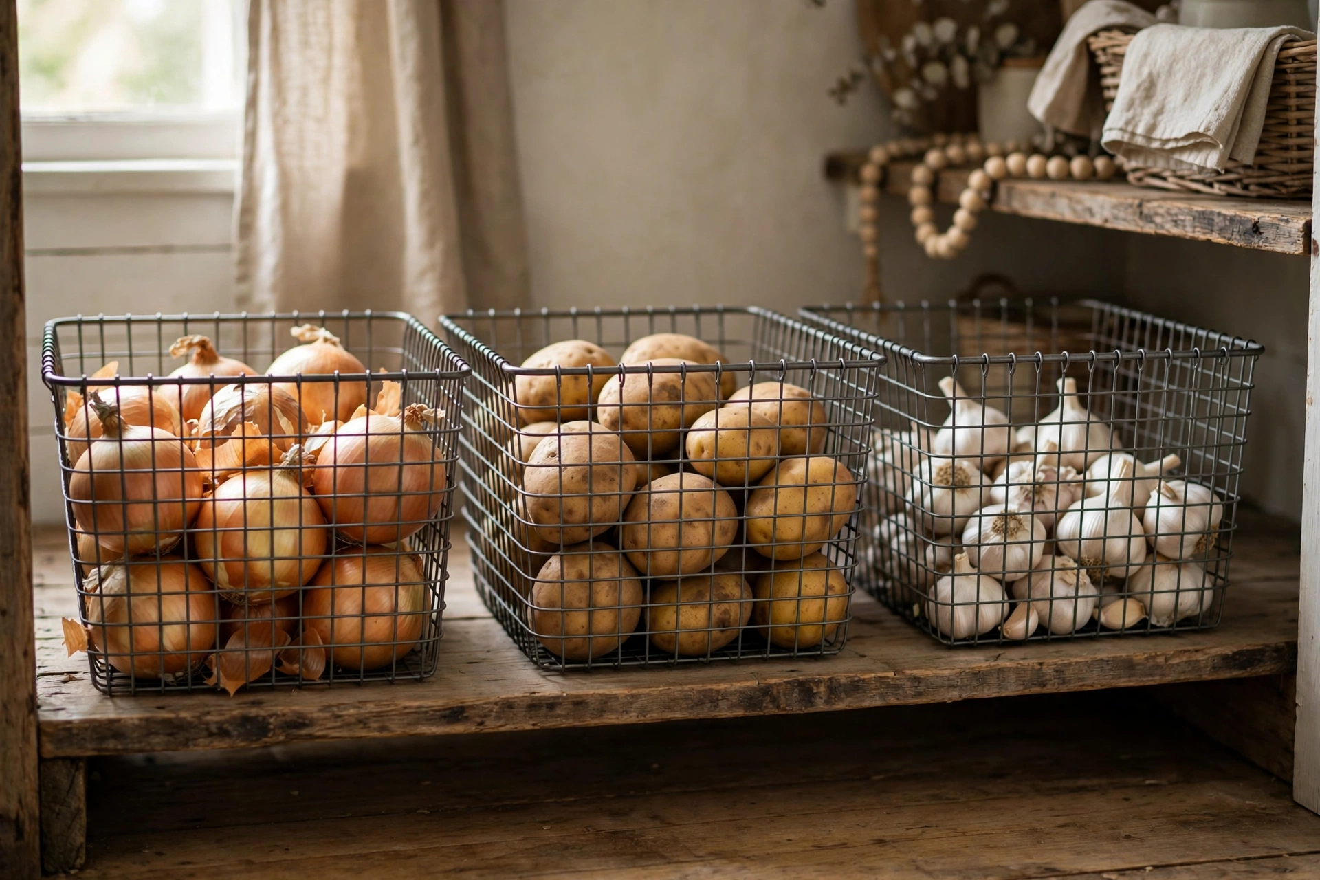 Ventilated wire bins storing onions, potatoes and garlic in a pantry
