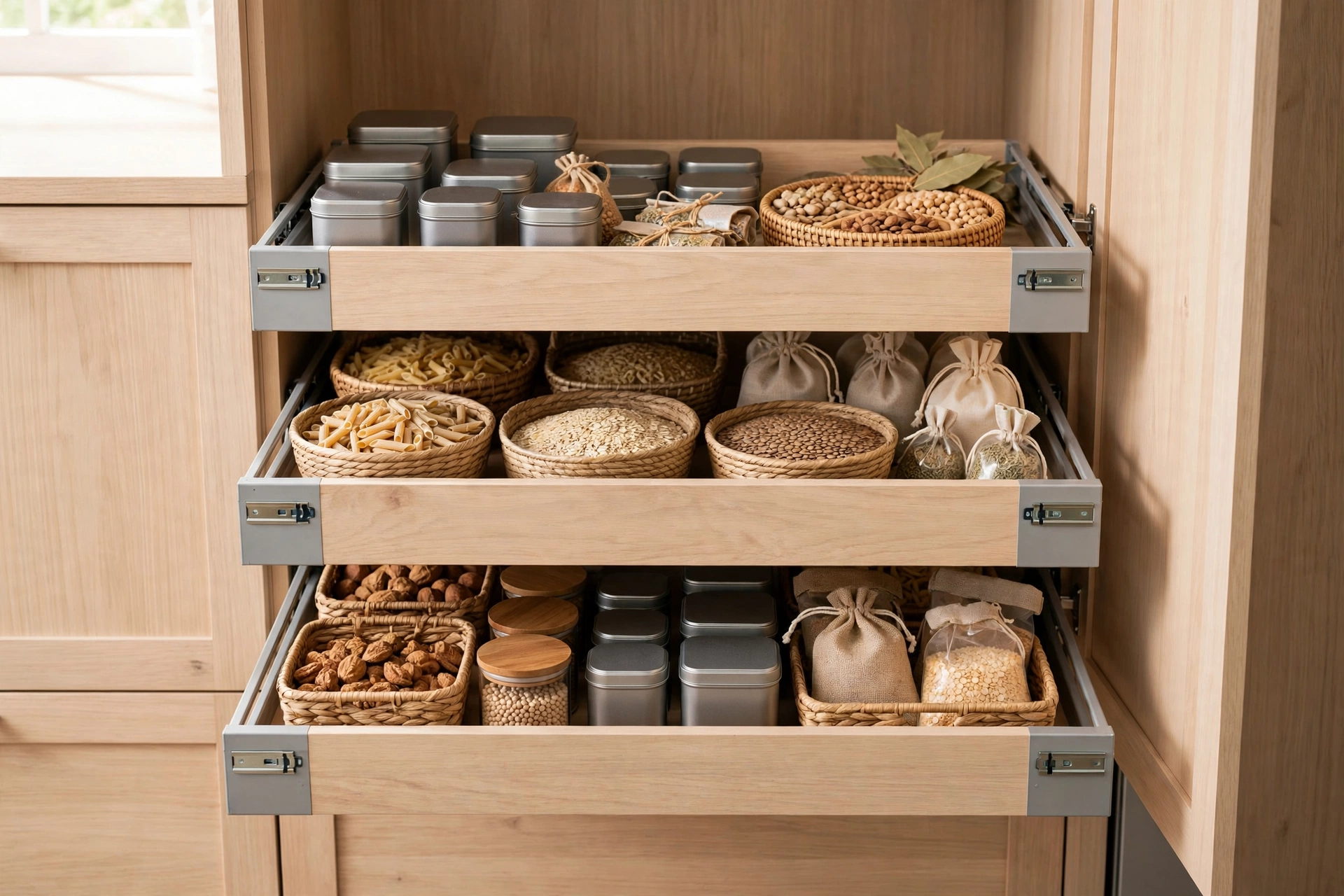 Pull-out pantry drawers filled with tins and dry goods sliding out from deep shelving