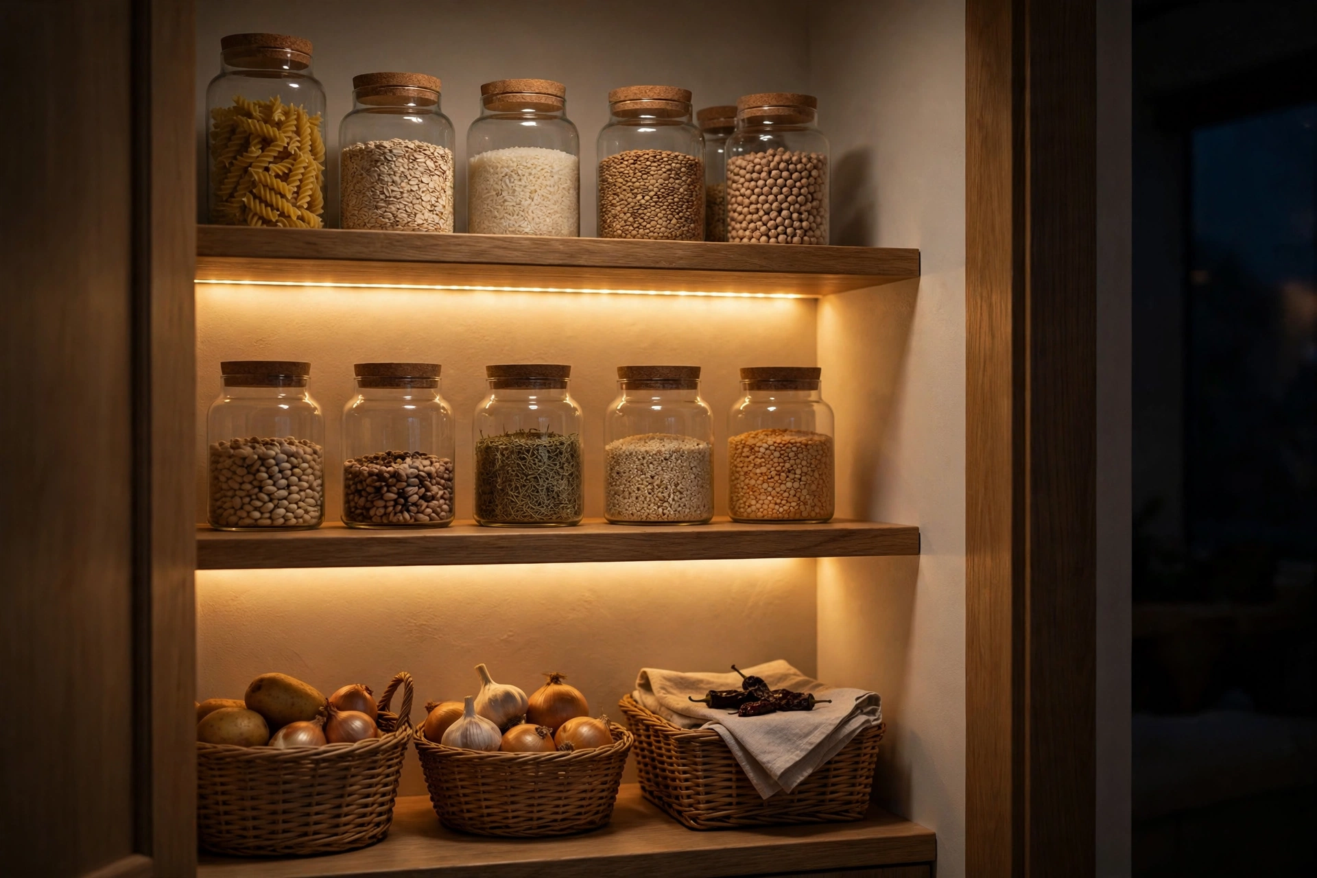 Pantry shelves with warm under-shelf motion sensor lighting