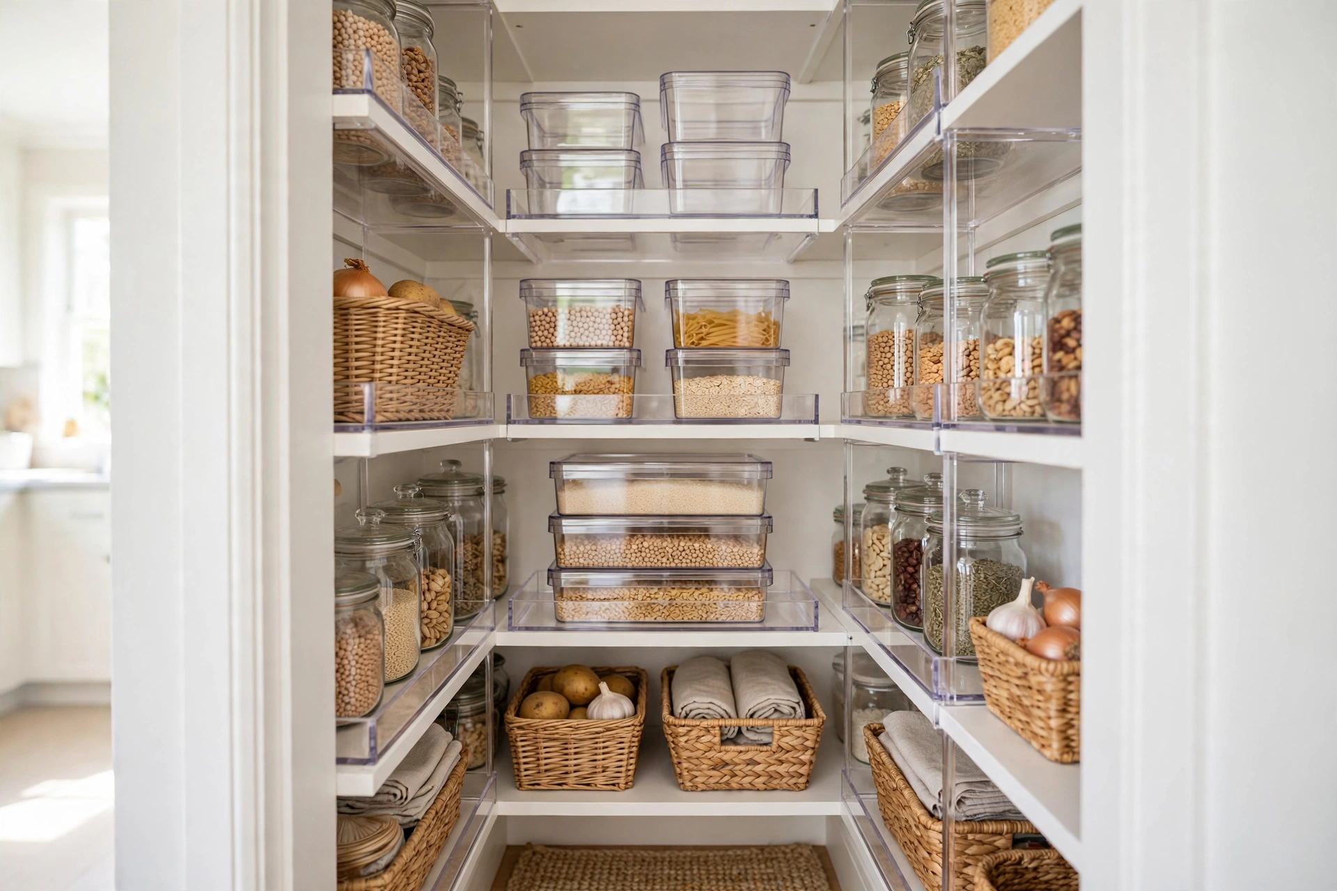Small pantry using vertical shelf risers and stackable bins to maximise space