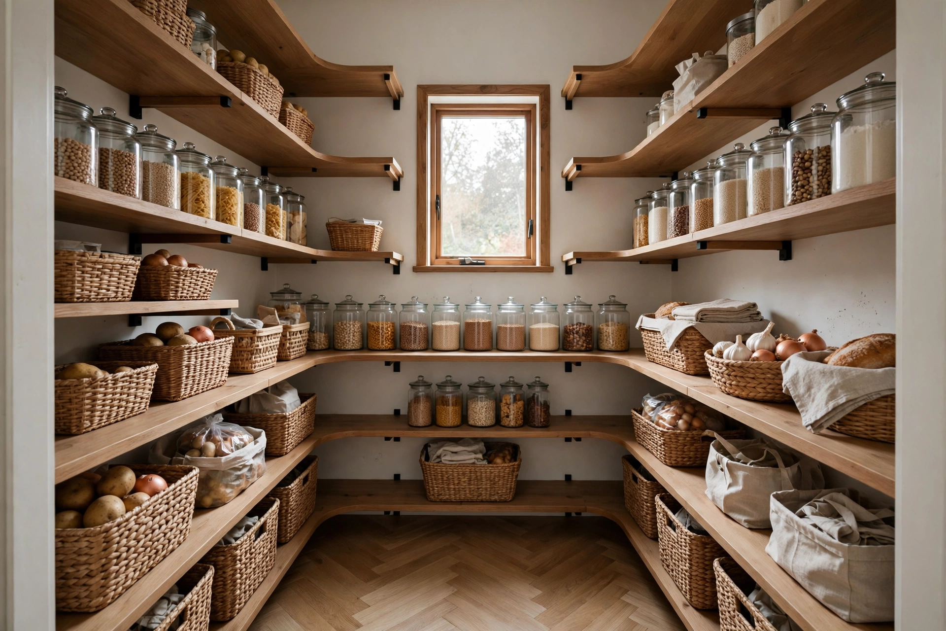 Walk-in pantry with U-shaped open shelving neatly arranged with dry goods and baskets