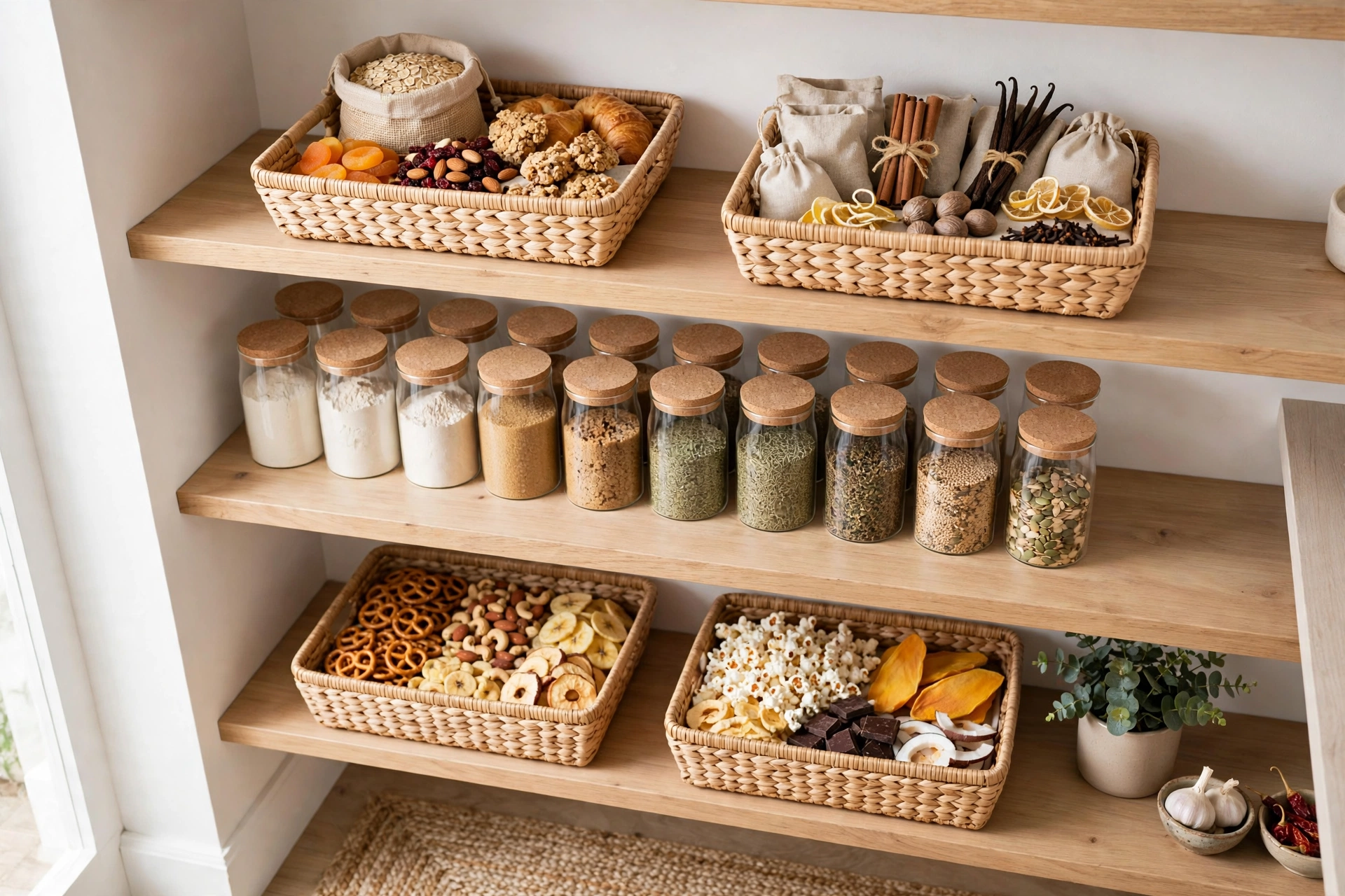 Pantry shelves zoned by category with baskets for breakfast, baking and snacks