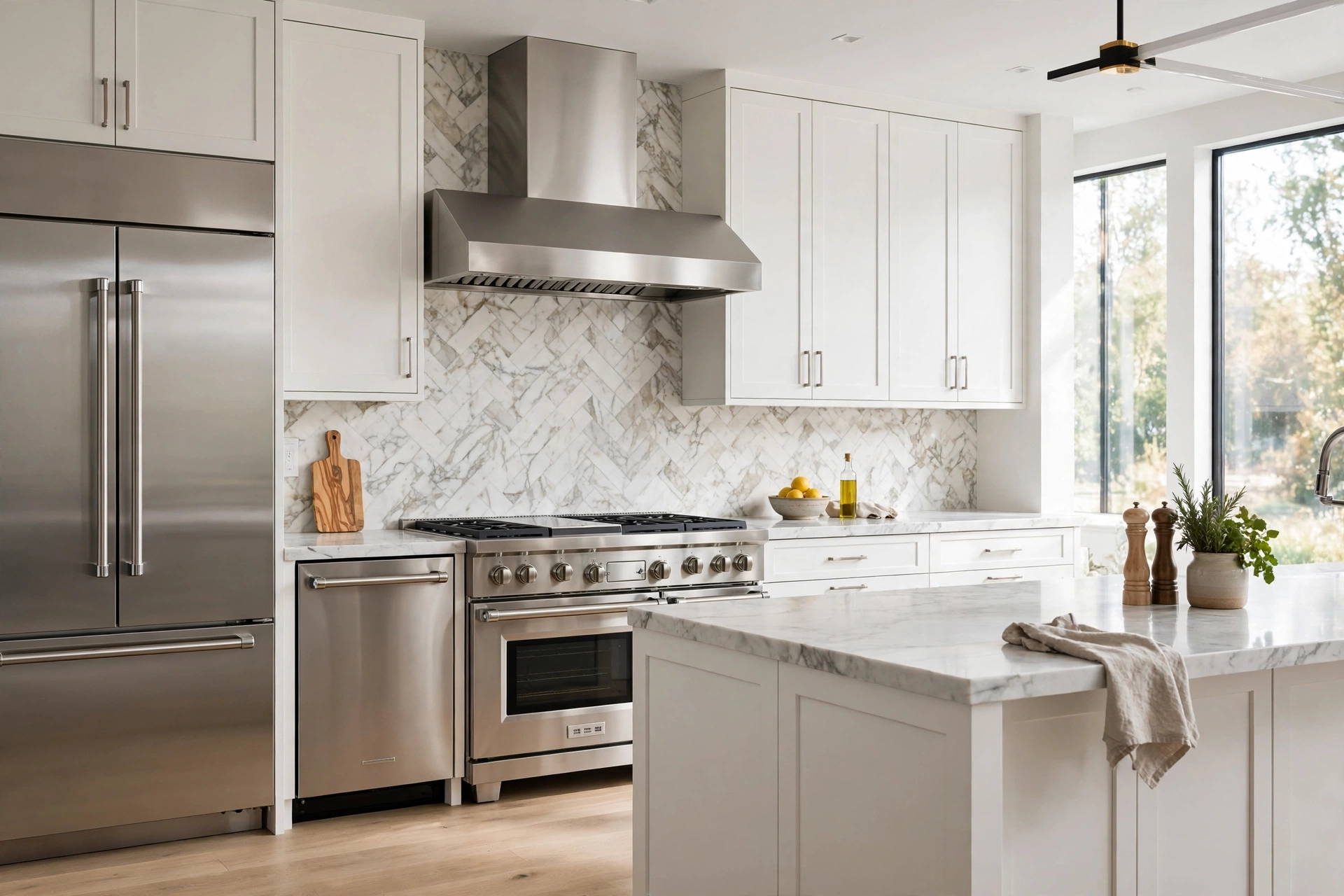 Modern kitchen with a stainless steel appliance suite including range, refrigerator, and dishwasher