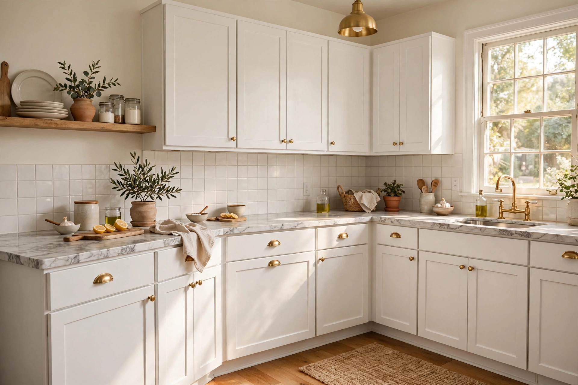Freshly updated budget kitchen with painted white cabinets, new hardware, and a modern backsplash