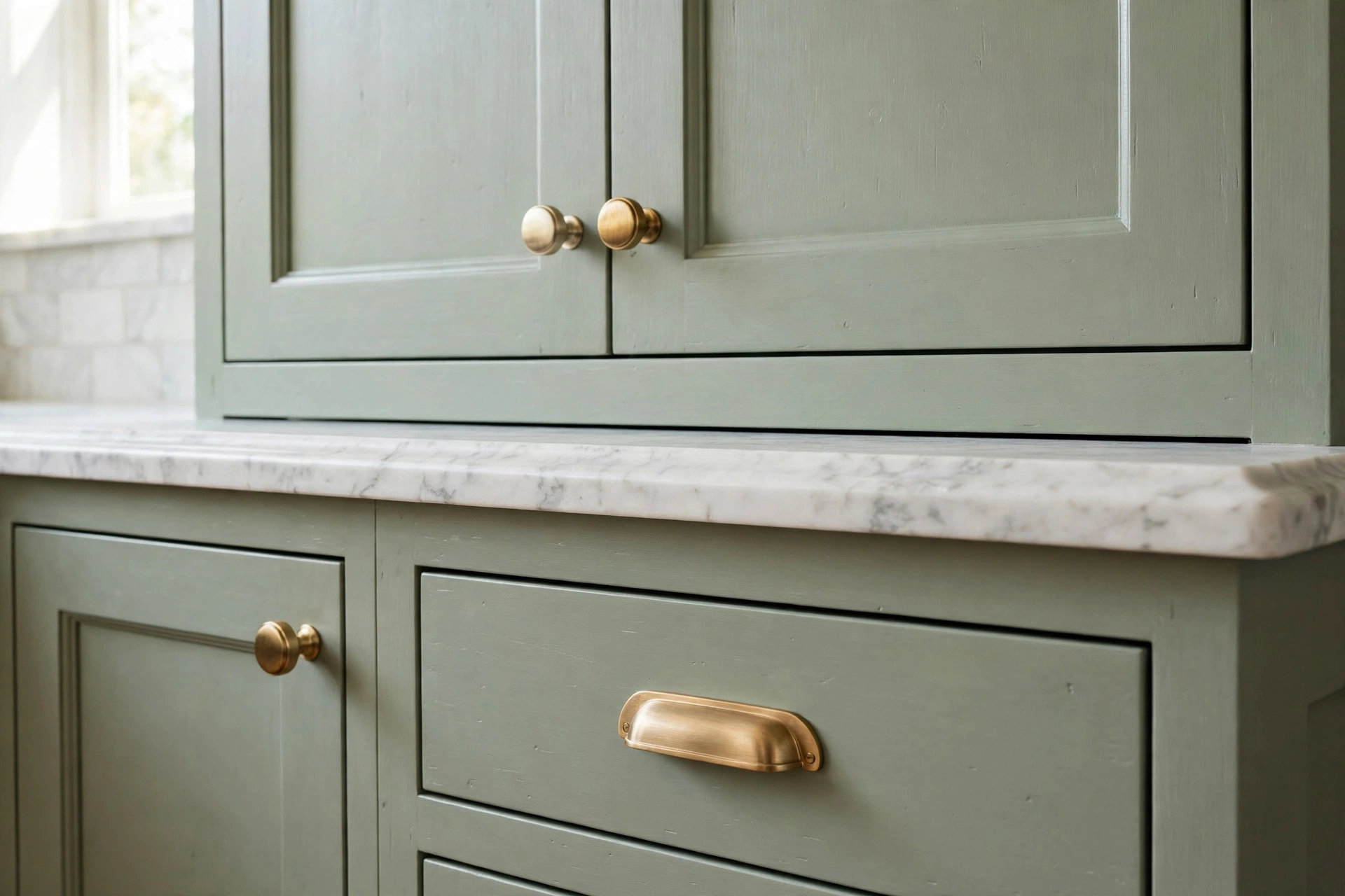 Close-up of semi-custom shaker kitchen cabinets with brass hardware in a bright remodeled kitchen