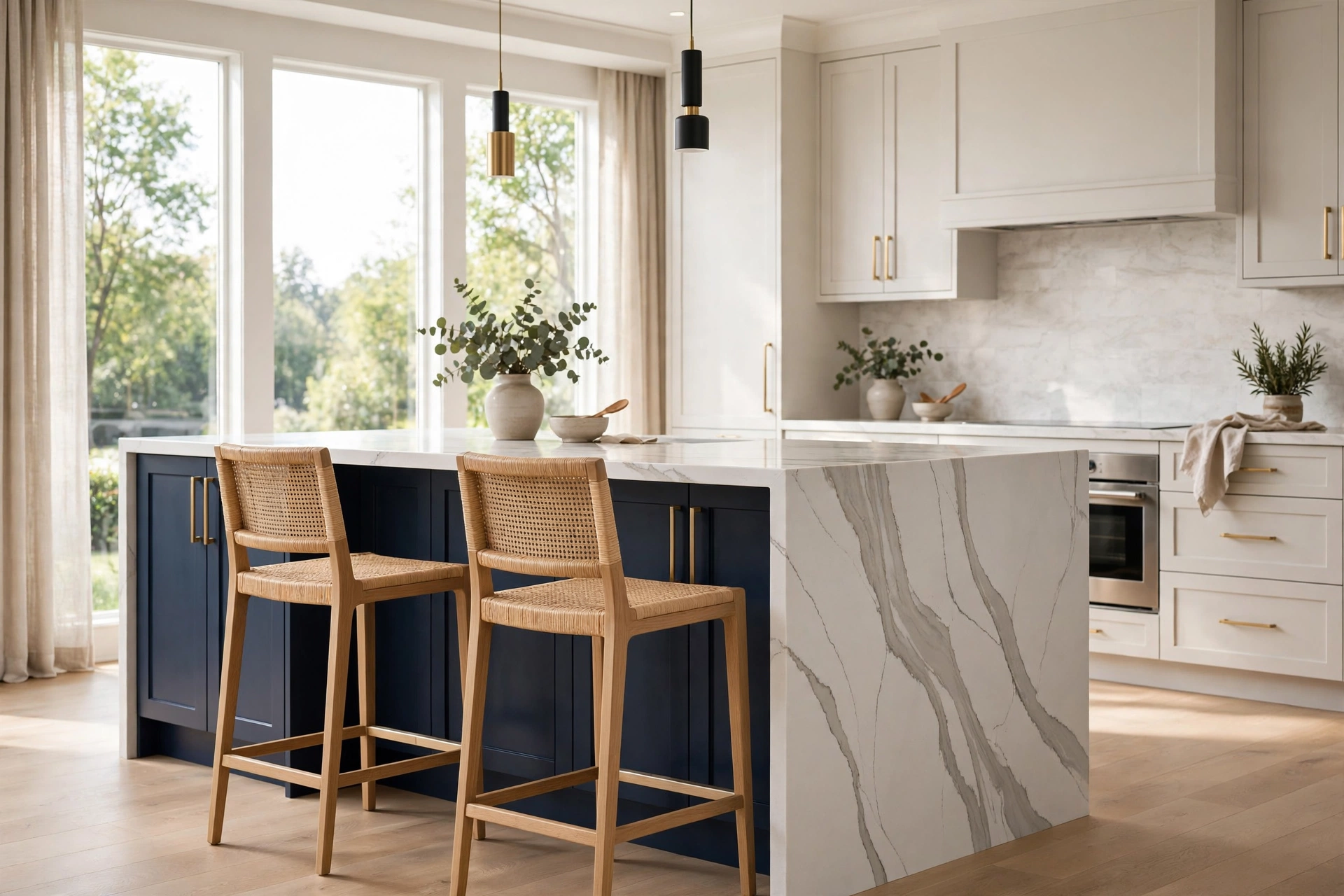 Elegant kitchen island with white quartz countertops and waterfall edge in a modern kitchen