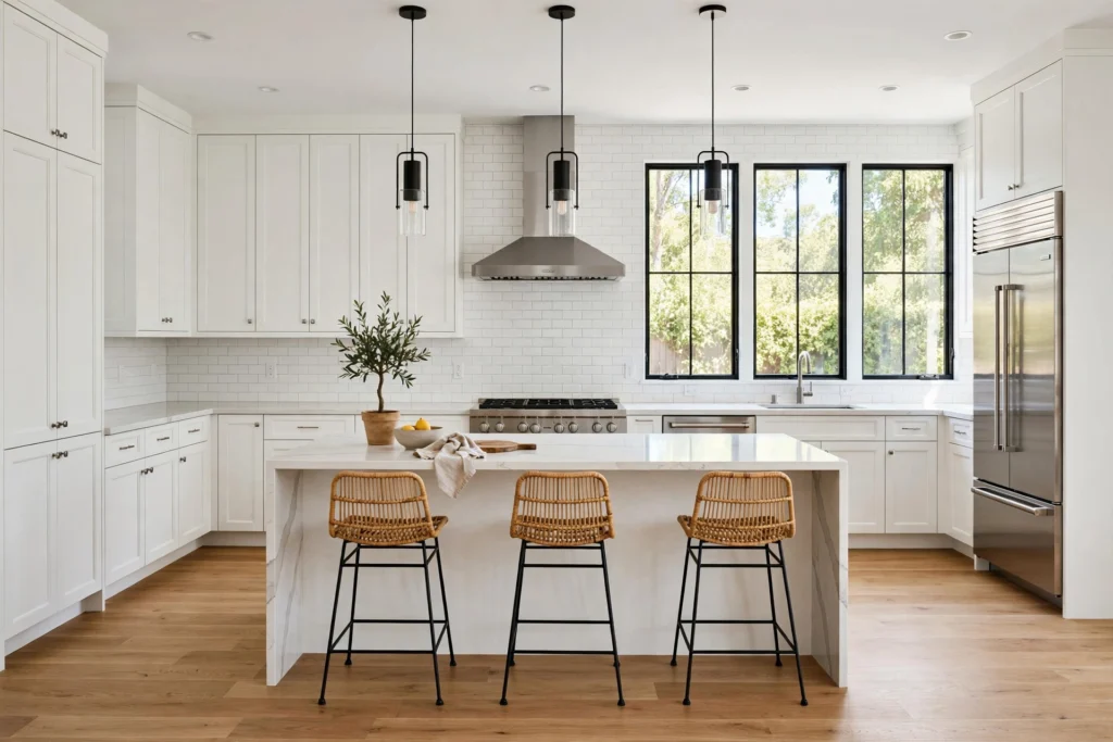 Bright newly remodeled modern kitchen with white shaker cabinets, a quartz waterfall island, and stainless steel appliances