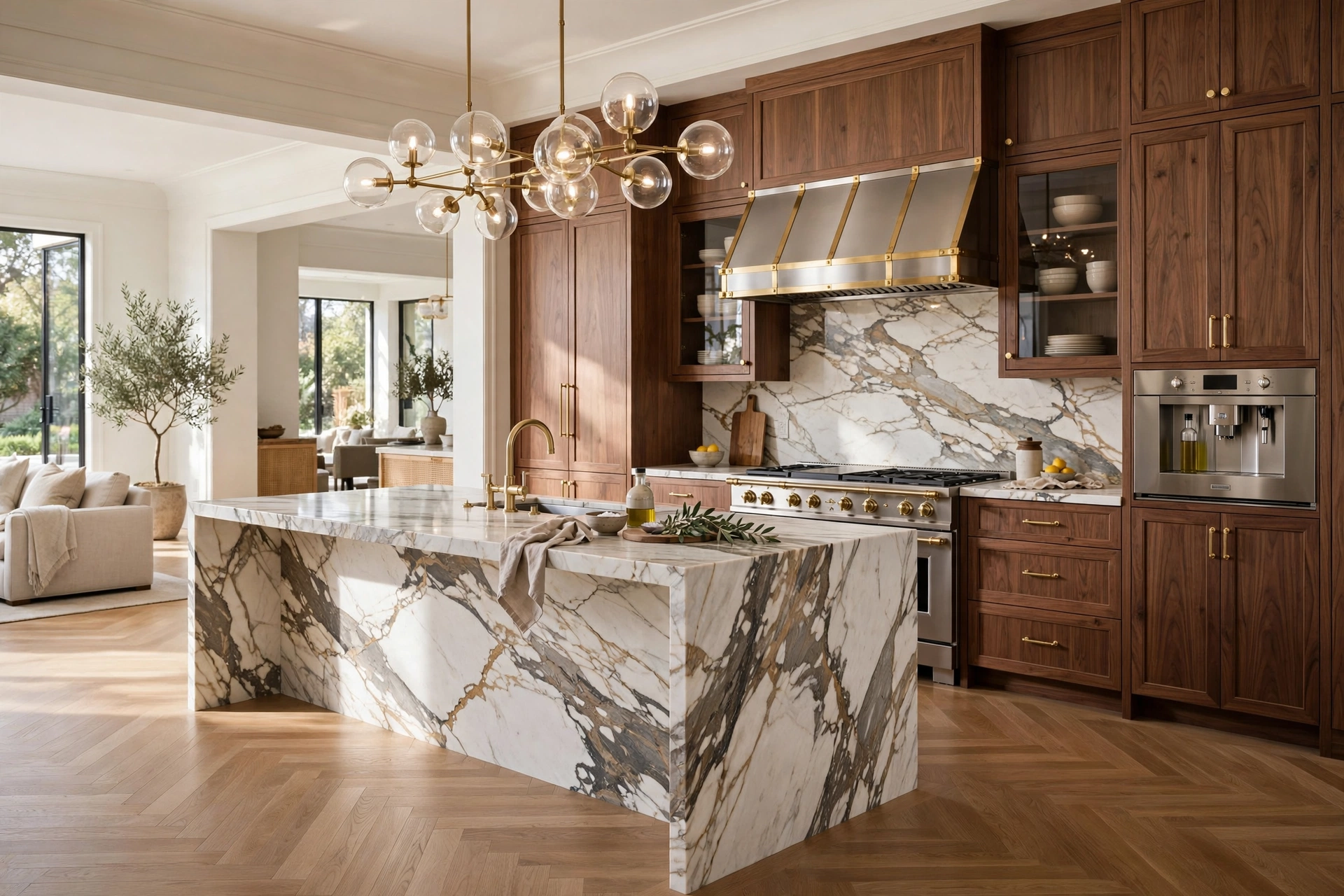 Luxury high-end kitchen with custom cabinetry, marble waterfall island, and professional-grade appliances