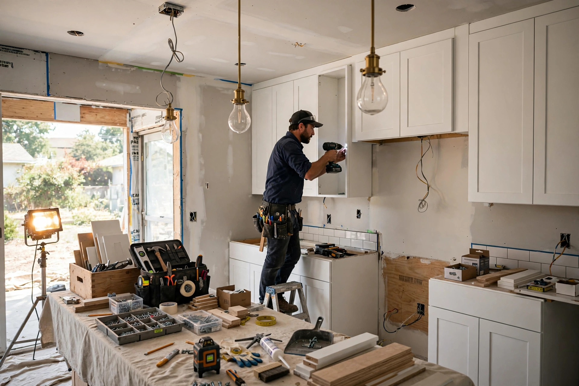 Kitchen under renovation with contractors installing cabinets and new lighting during a remodel