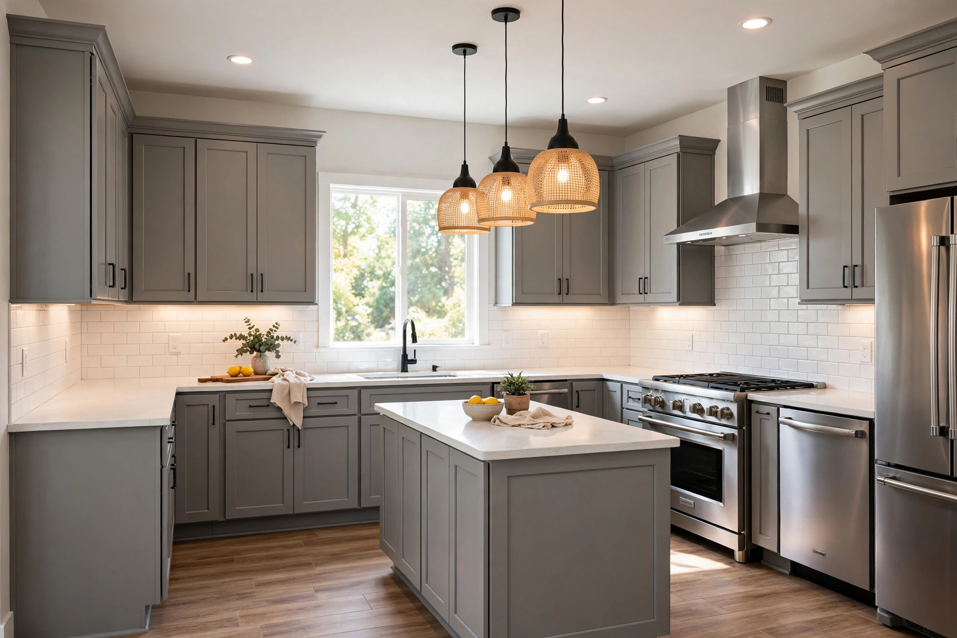 Mid-range remodeled kitchen with semi-custom shaker cabinets, quartz countertops, and stainless steel appliances