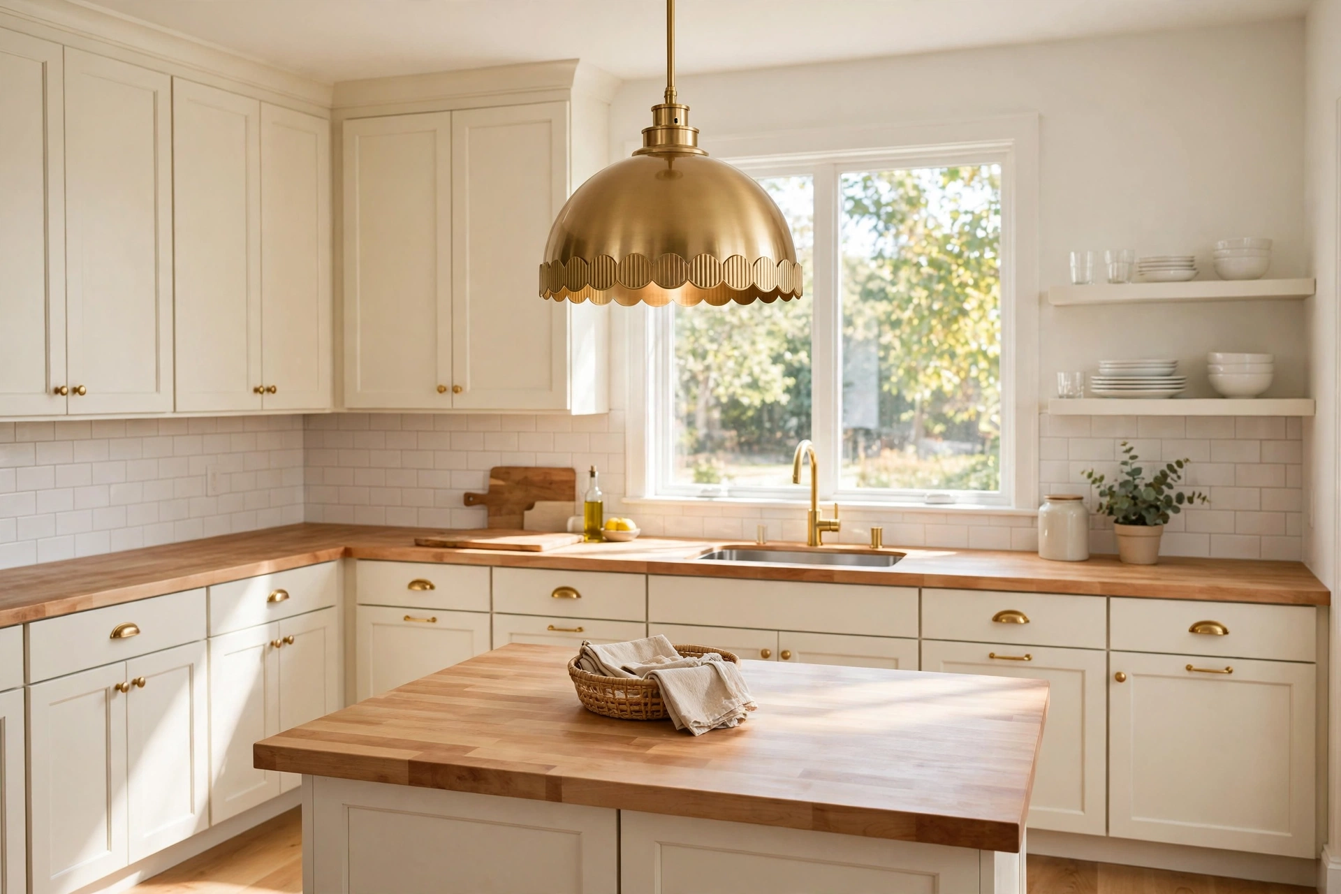 Beautiful remodeled kitchen showing smart budget choices with painted cabinets and a statement light fixture