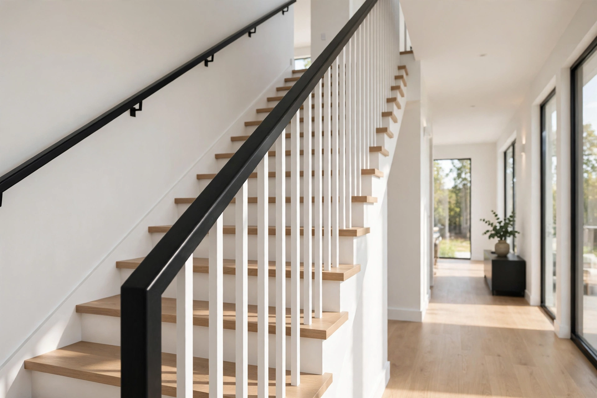 Staircase with handrail refinished in matte black paint and white balusters