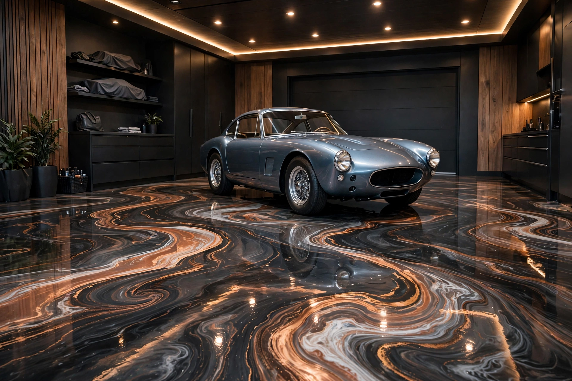 Luxury garage with a dark charcoal metallic epoxy floor with copper swirl patterns and a classic sports car
