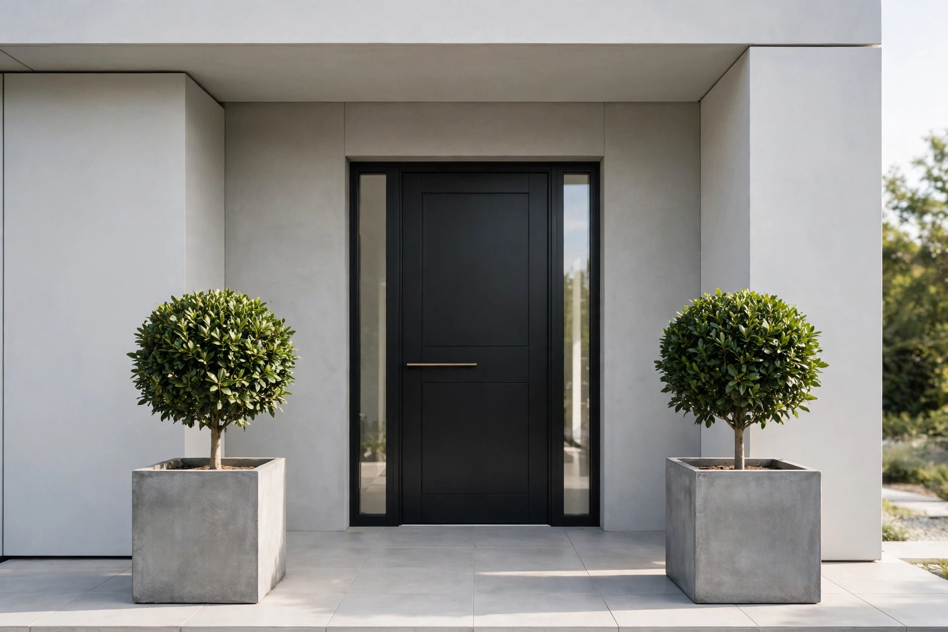 Two identical square concrete planters with clipped bay trees framing a modern front door