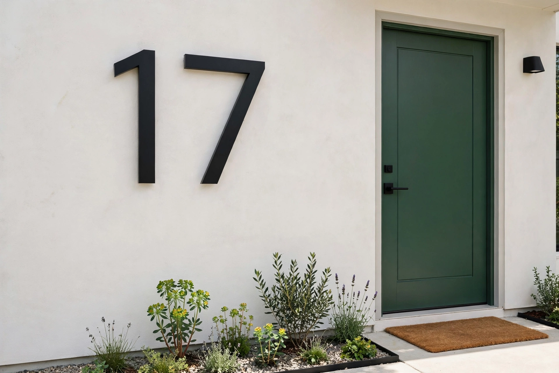 Matte black oversized house numbers on a light wall beside a freshly painted green front door