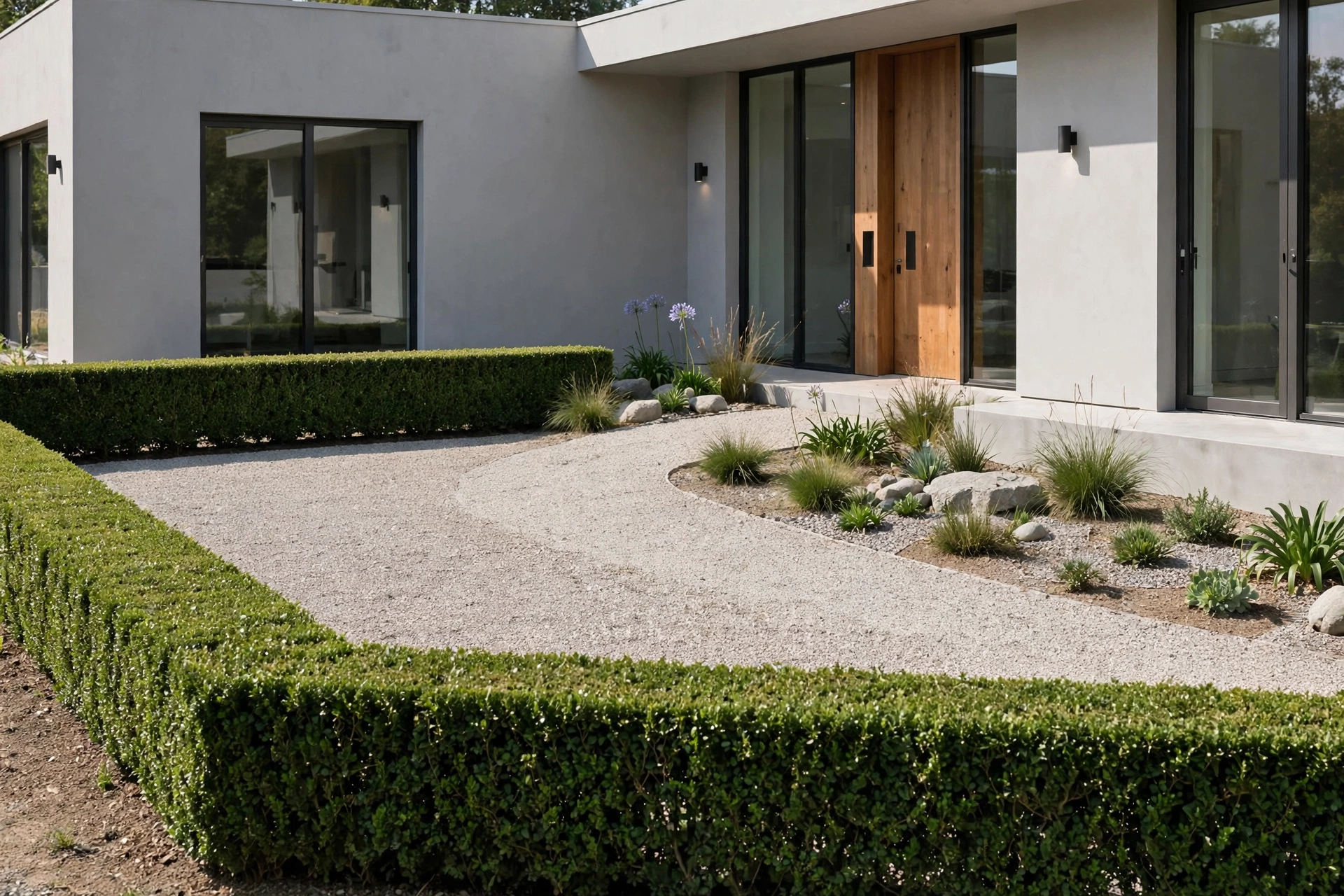 Low clipped boxwood hedge along a front yard boundary with a gravel path