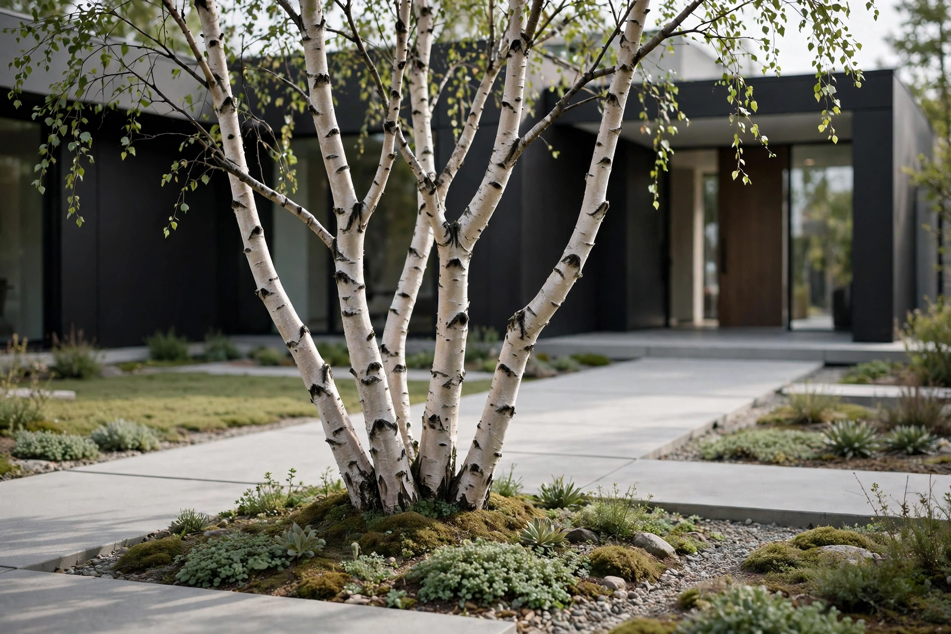 Single sculptural multi-stemmed birch tree as a focal point in a minimalist front yard