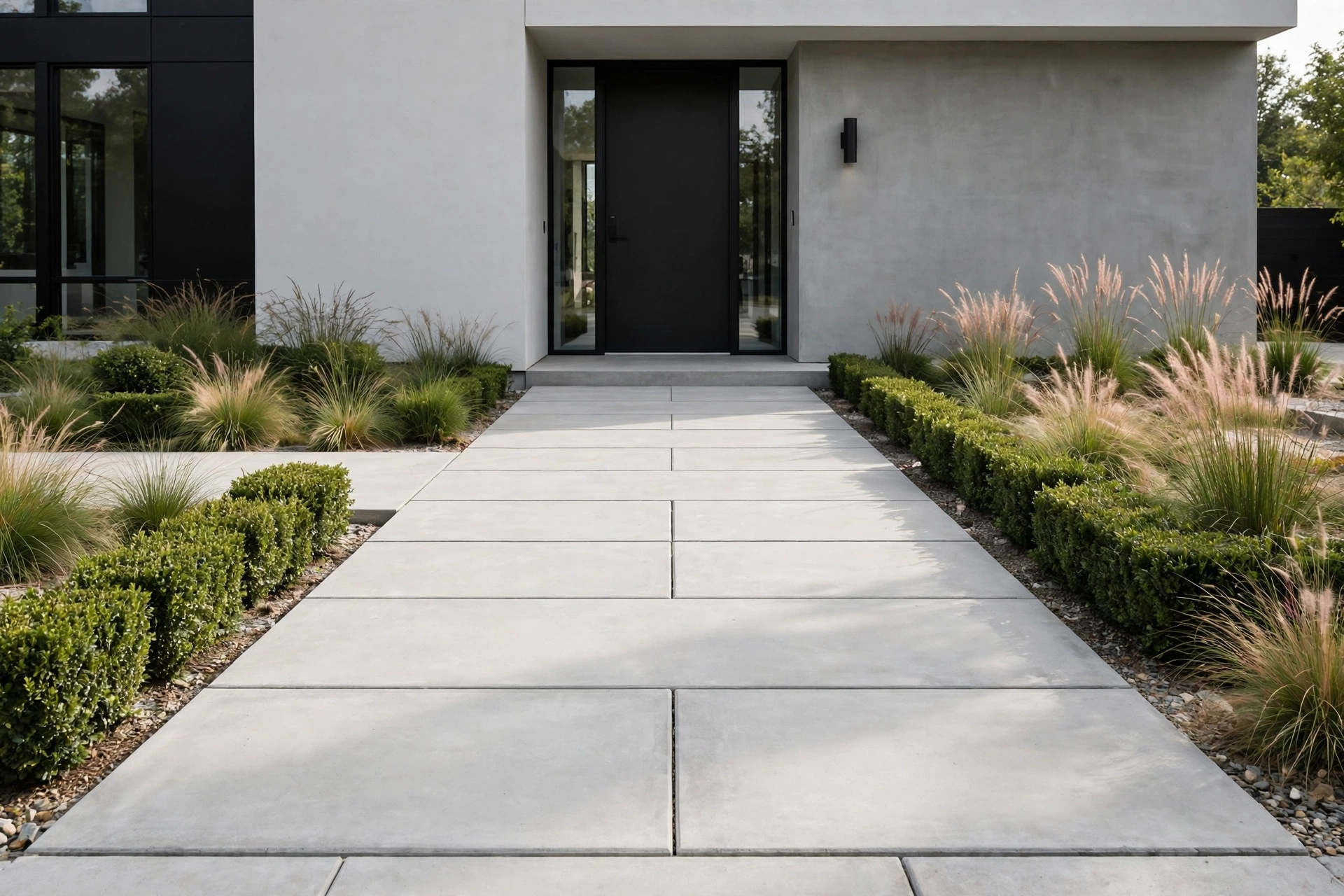Straight walkway of oversized concrete pavers with narrow joints in a minimalist front garden