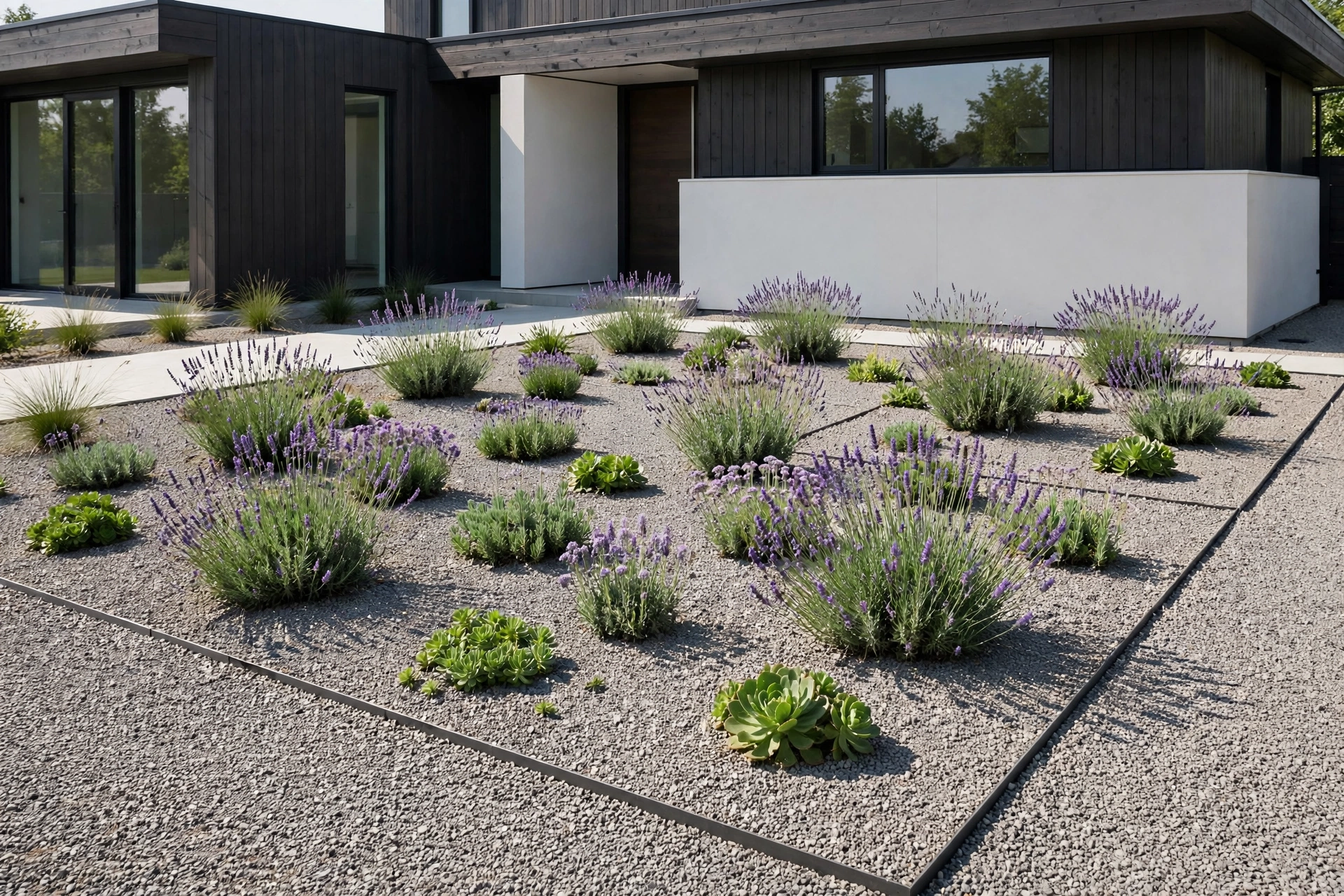 Minimalist front yard gravel bed with drifts of lavender and sedum replacing a tired lawn
