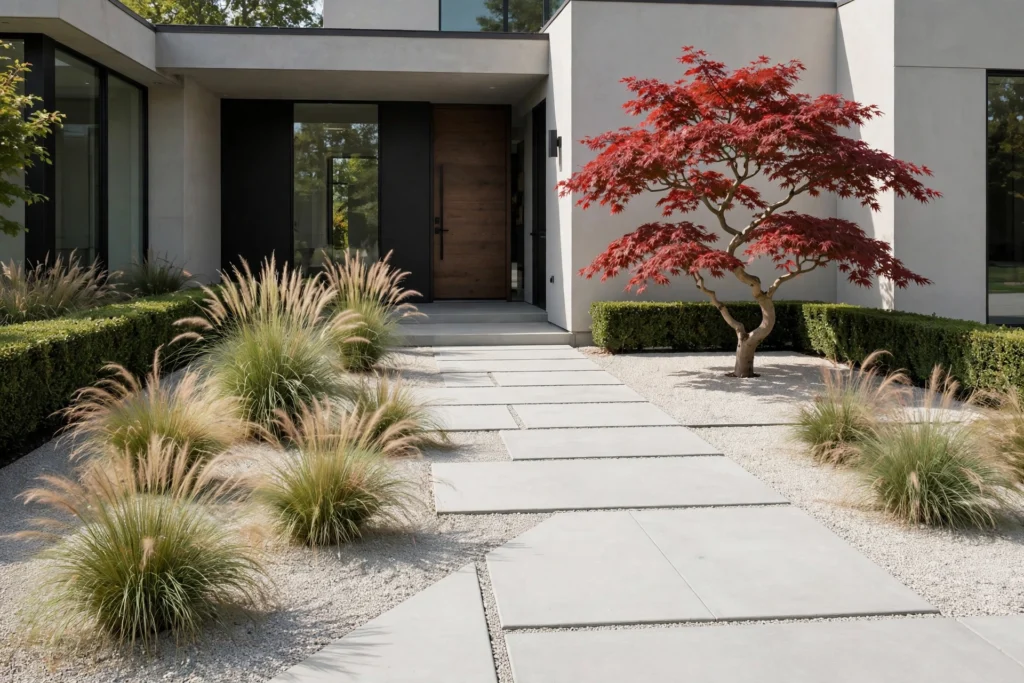 Minimalist front yard with geometric concrete walkway, gravel beds, ornamental grasses and a red Japanese maple tree
