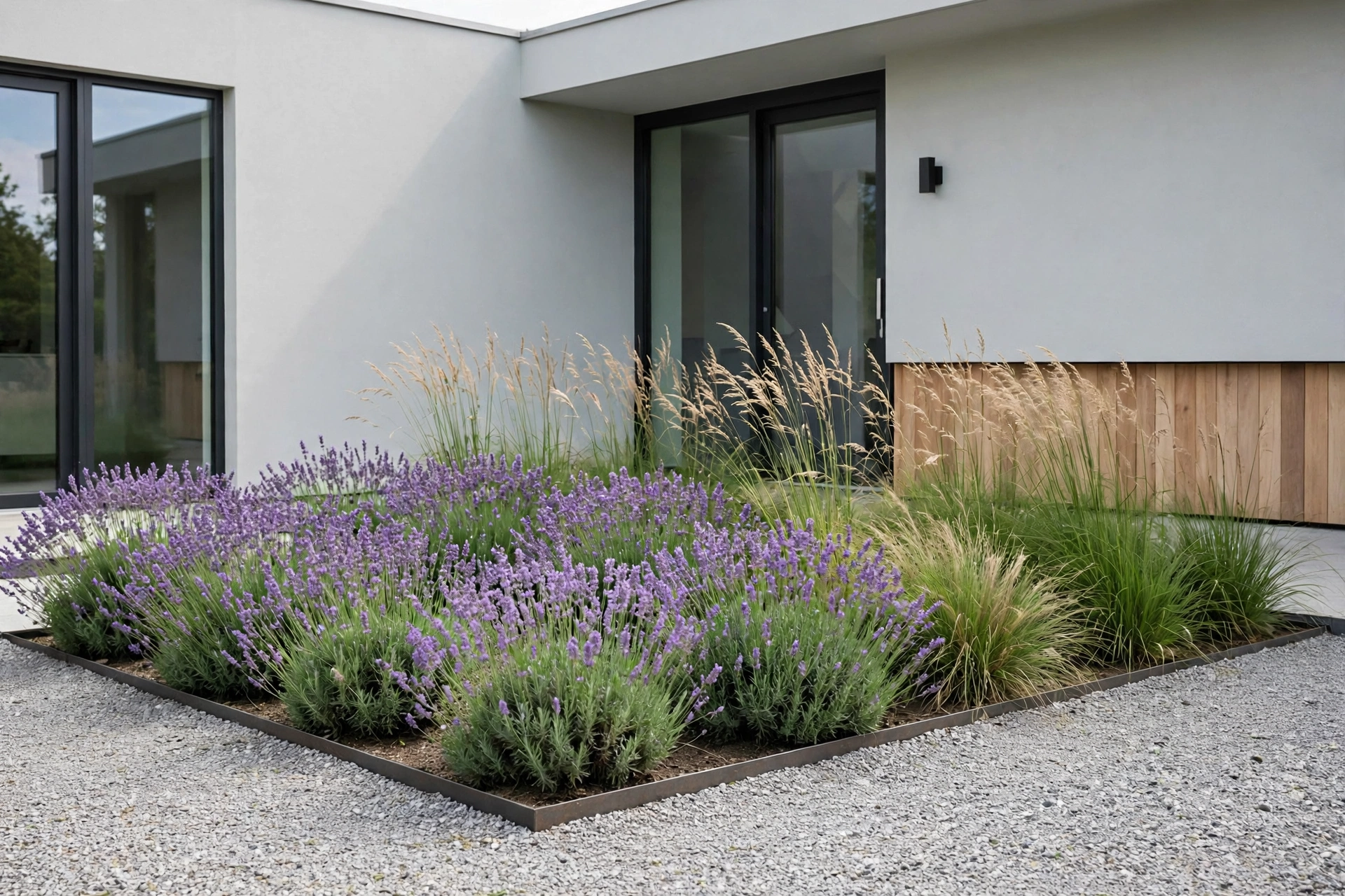 Minimalist planting bed using only lavender and ornamental grass repeated in generous groups