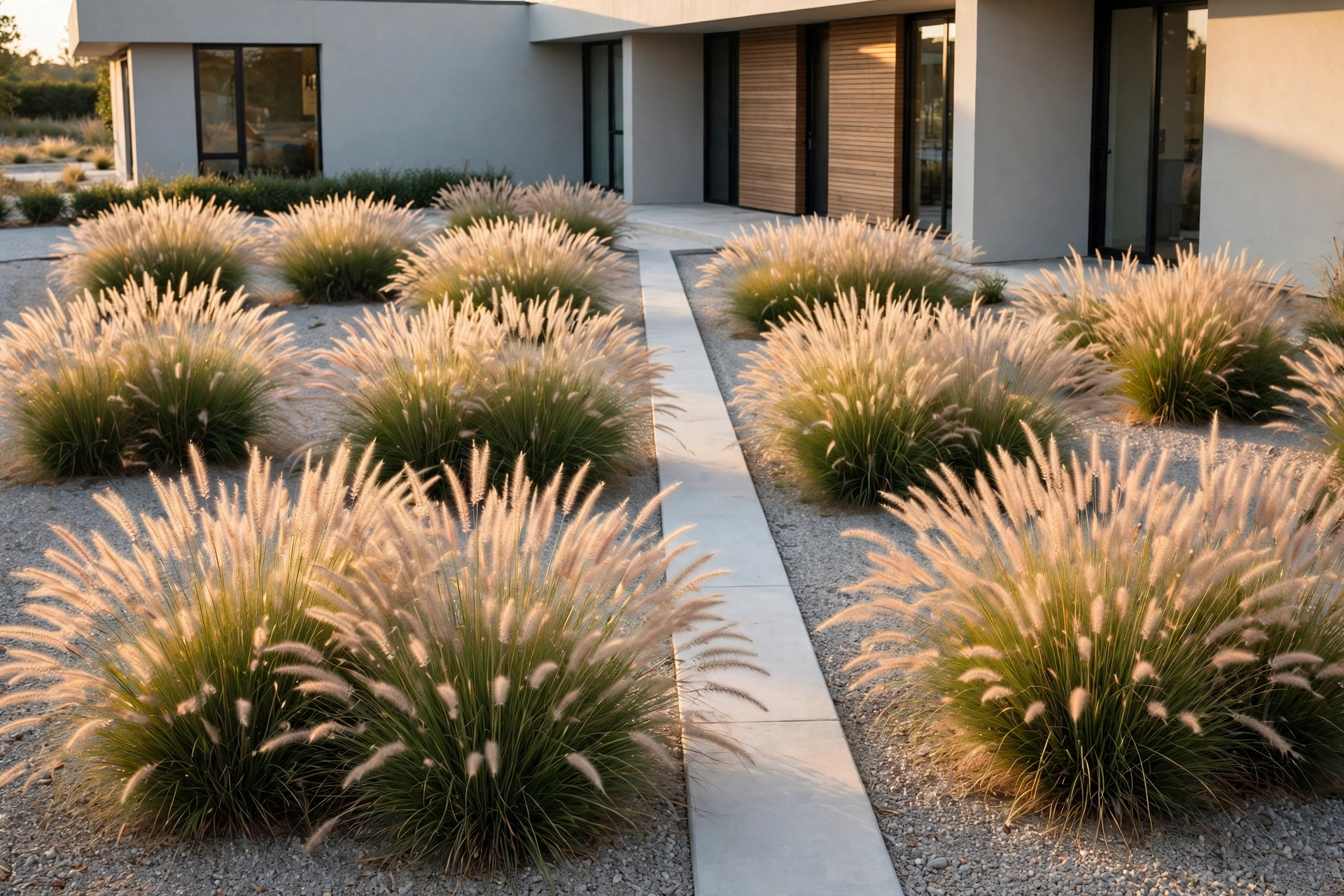 Ornamental fountain grass planted in large repeated groups with gravel mulch