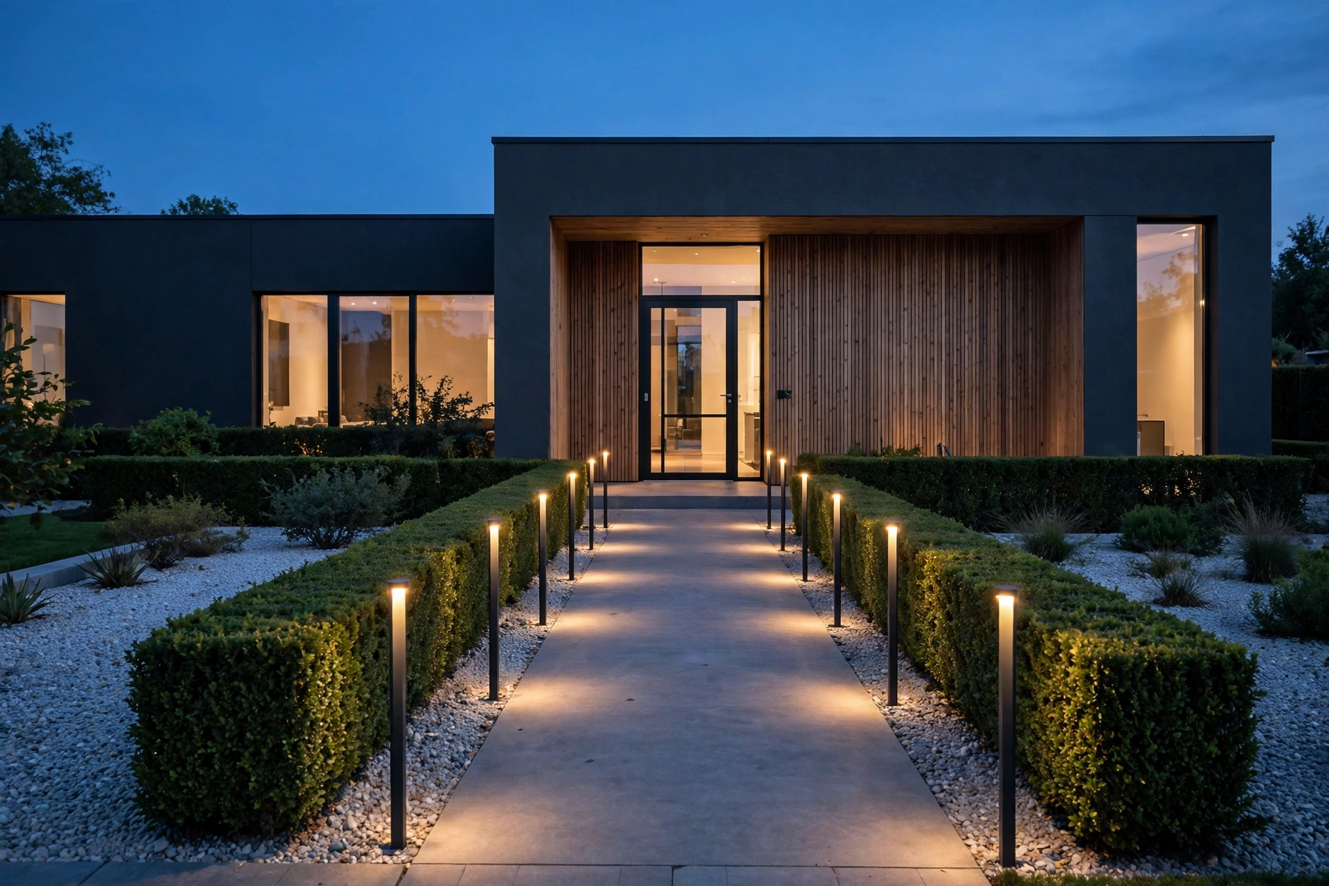 Slim matching warm-toned bollard path lights along a minimalist front yard walkway at dusk