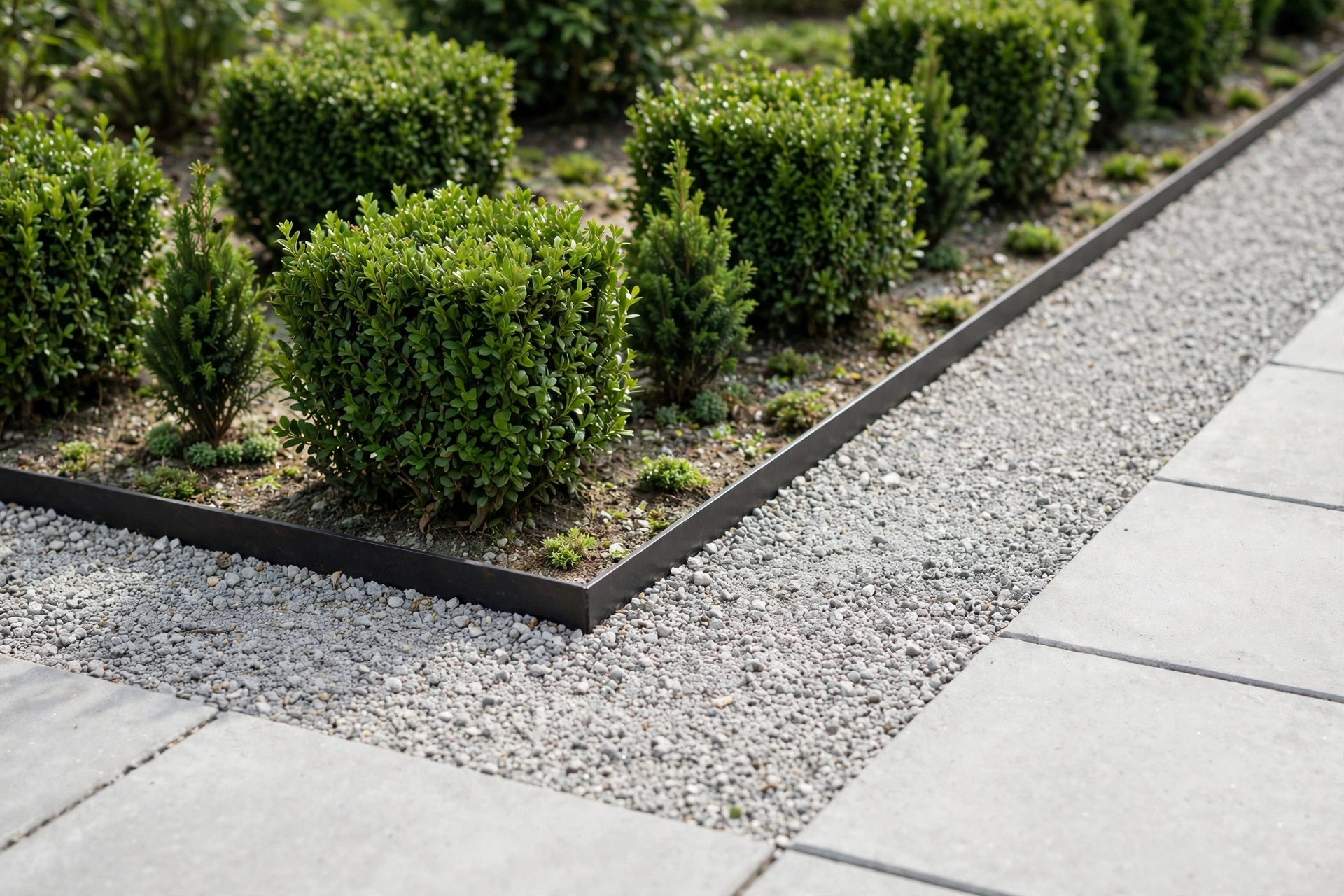 Thin dark steel edging creating a razor-sharp line between a gravel bed and planting