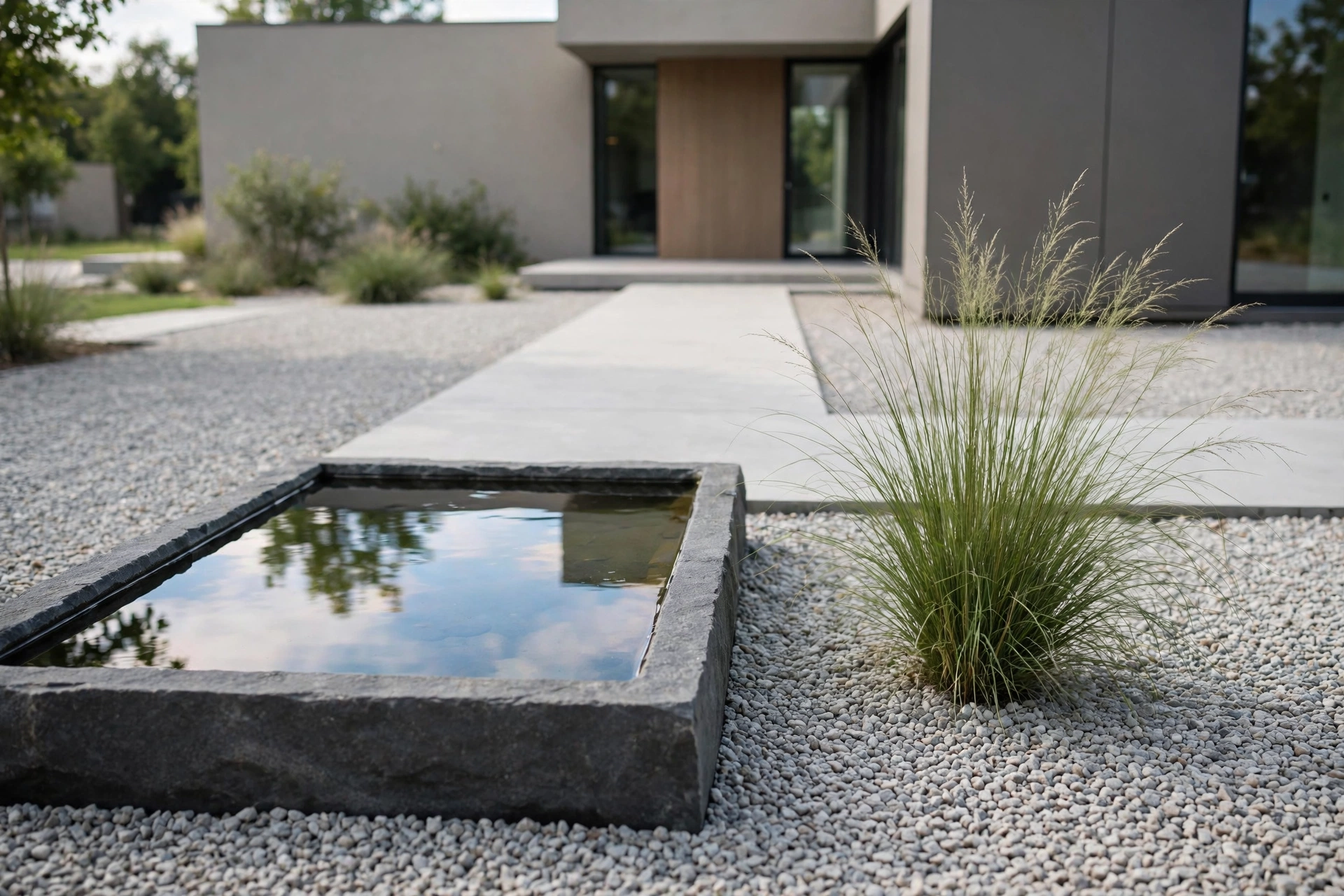 Small rectangular stone water basin with still reflective water in a minimalist front yard