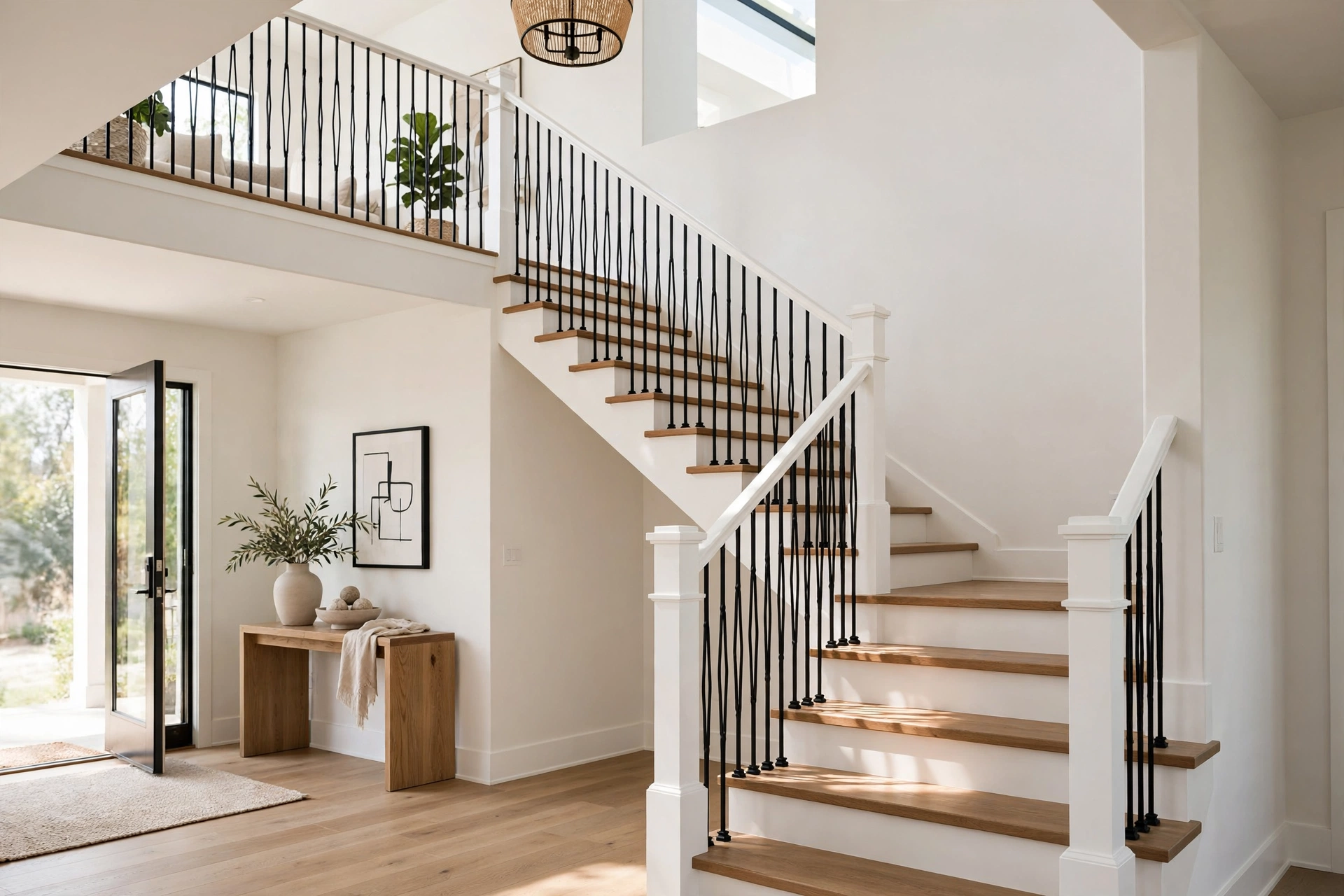 Modern staircase with slim black wrought iron balusters and white handrail