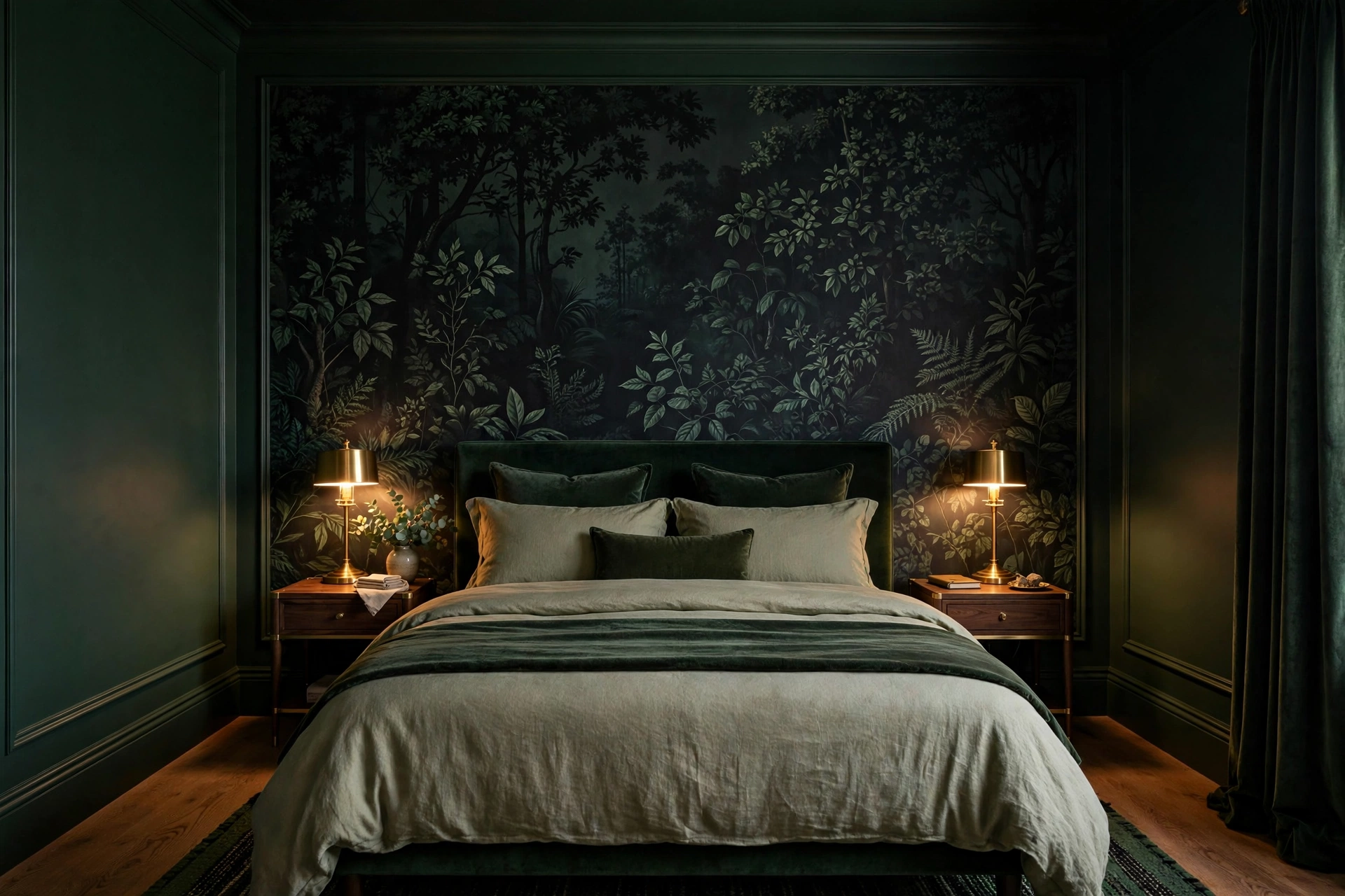 Bedroom feature wall with dark inky botanical wallpaper behind the bed, other walls in deep matching green