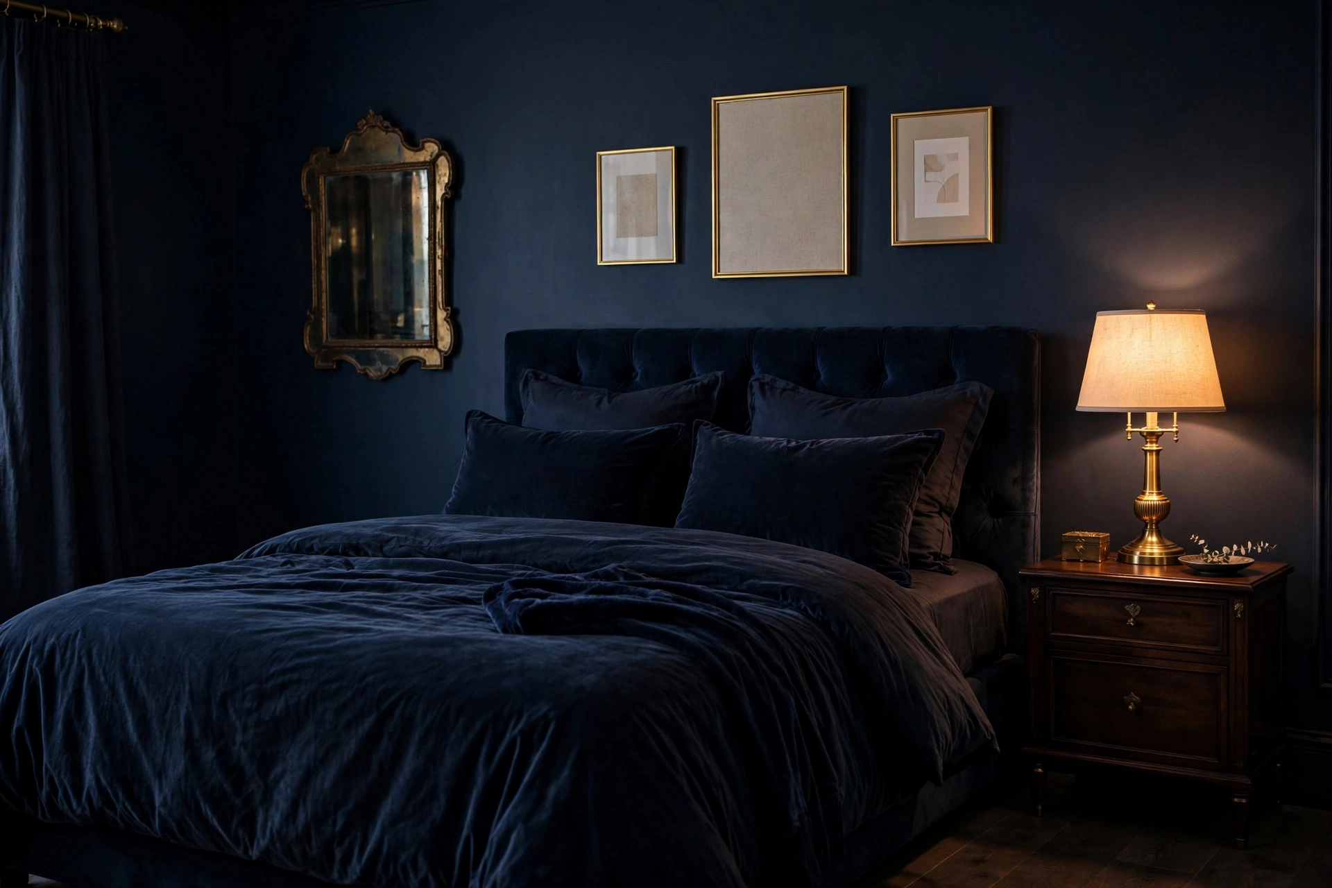 Dark navy bedroom with brass table lamp, gold picture frames and antique mirror catching warm lamplight
