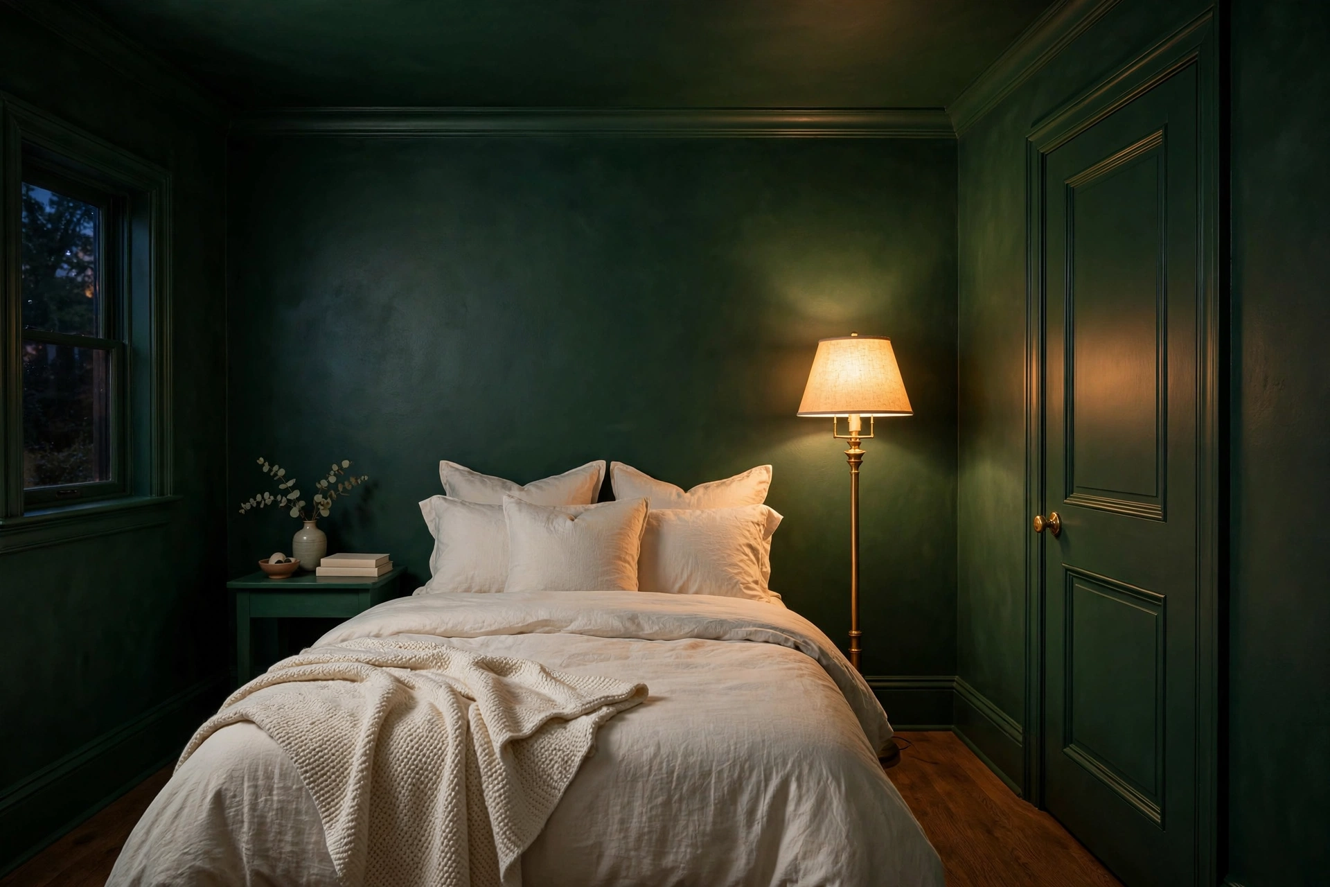 Bedroom with walls, ceiling and skirting painted in one deep forest-green shade for a seamless cocooning look