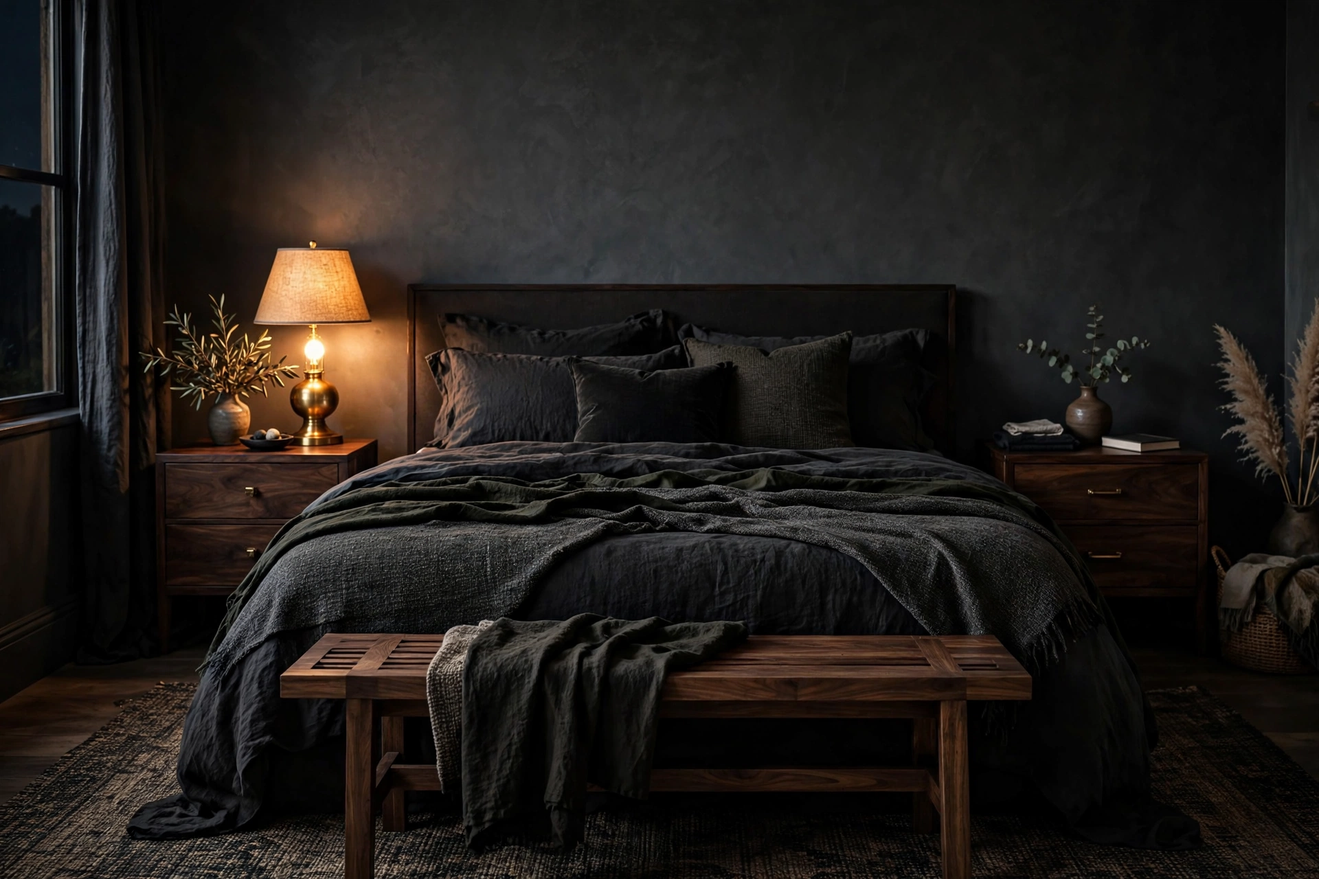 Moody bedroom with dark walnut nightstands and a wooden bench at the foot of the bed against charcoal walls