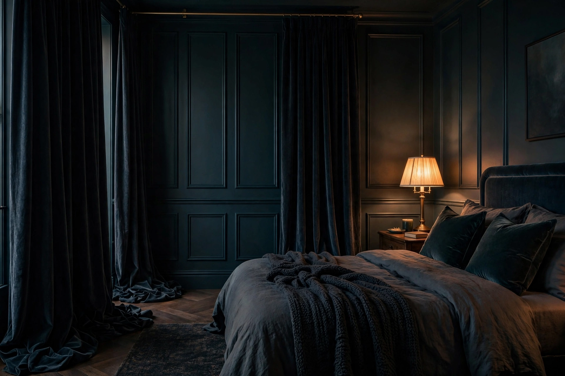 Floor-to-ceiling dark velvet curtains pooling on the floor in a moody bedroom with warm evening light