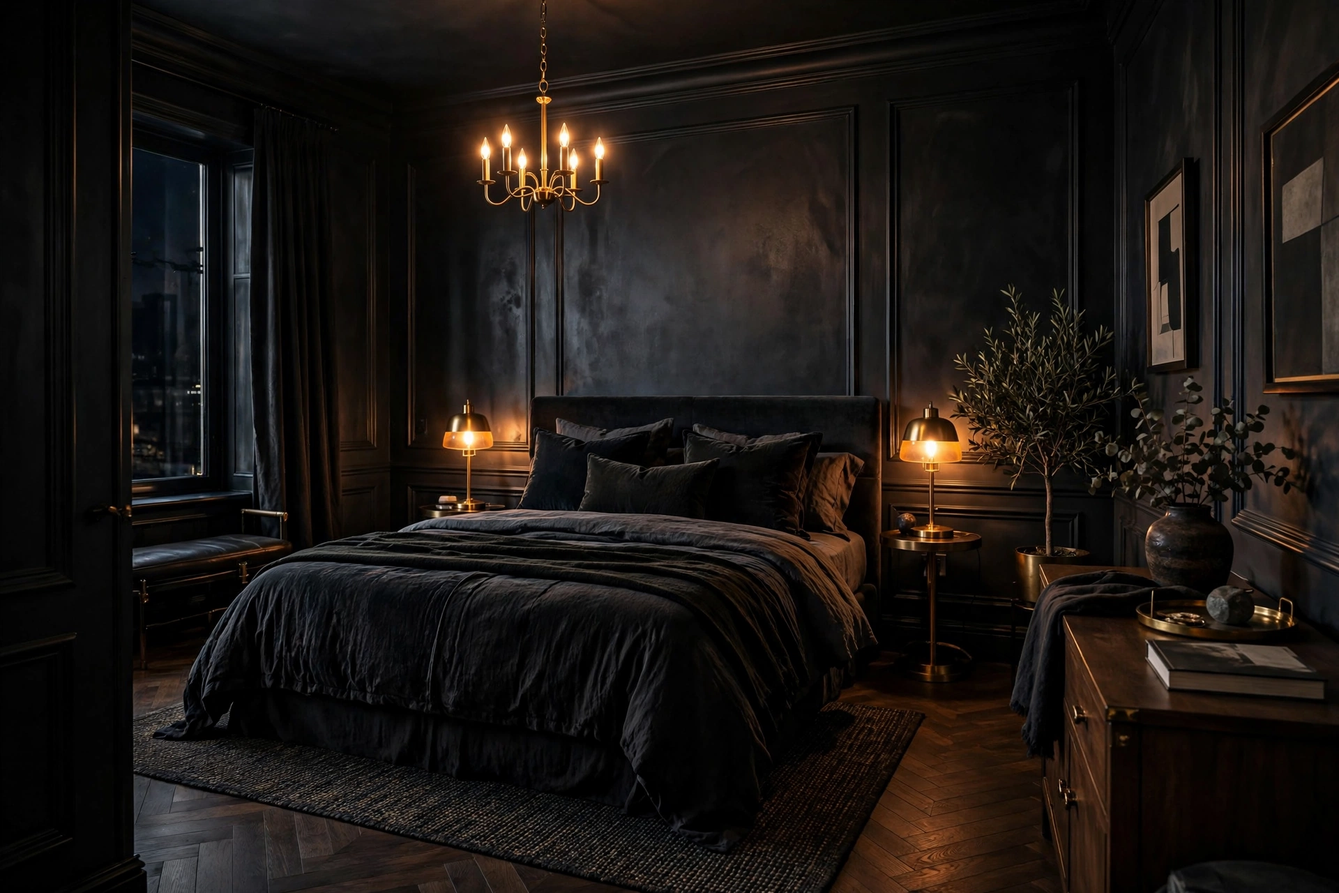 Moody boutique-hotel style bedroom with deep charcoal walls, layered warm lamplight and plush dark bedding