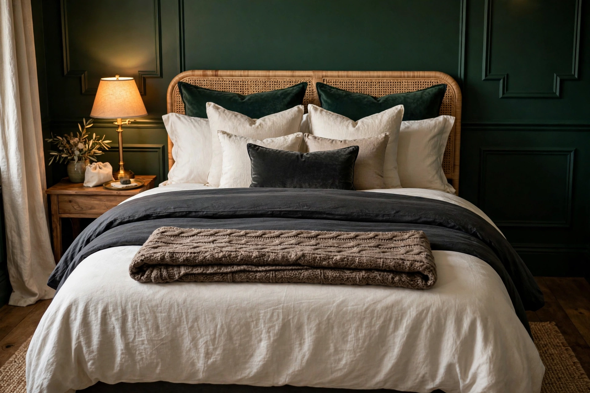 Boutique-hotel style bed with ivory sheets, dark charcoal duvet, folded throw and layered pillows in graduating sizes