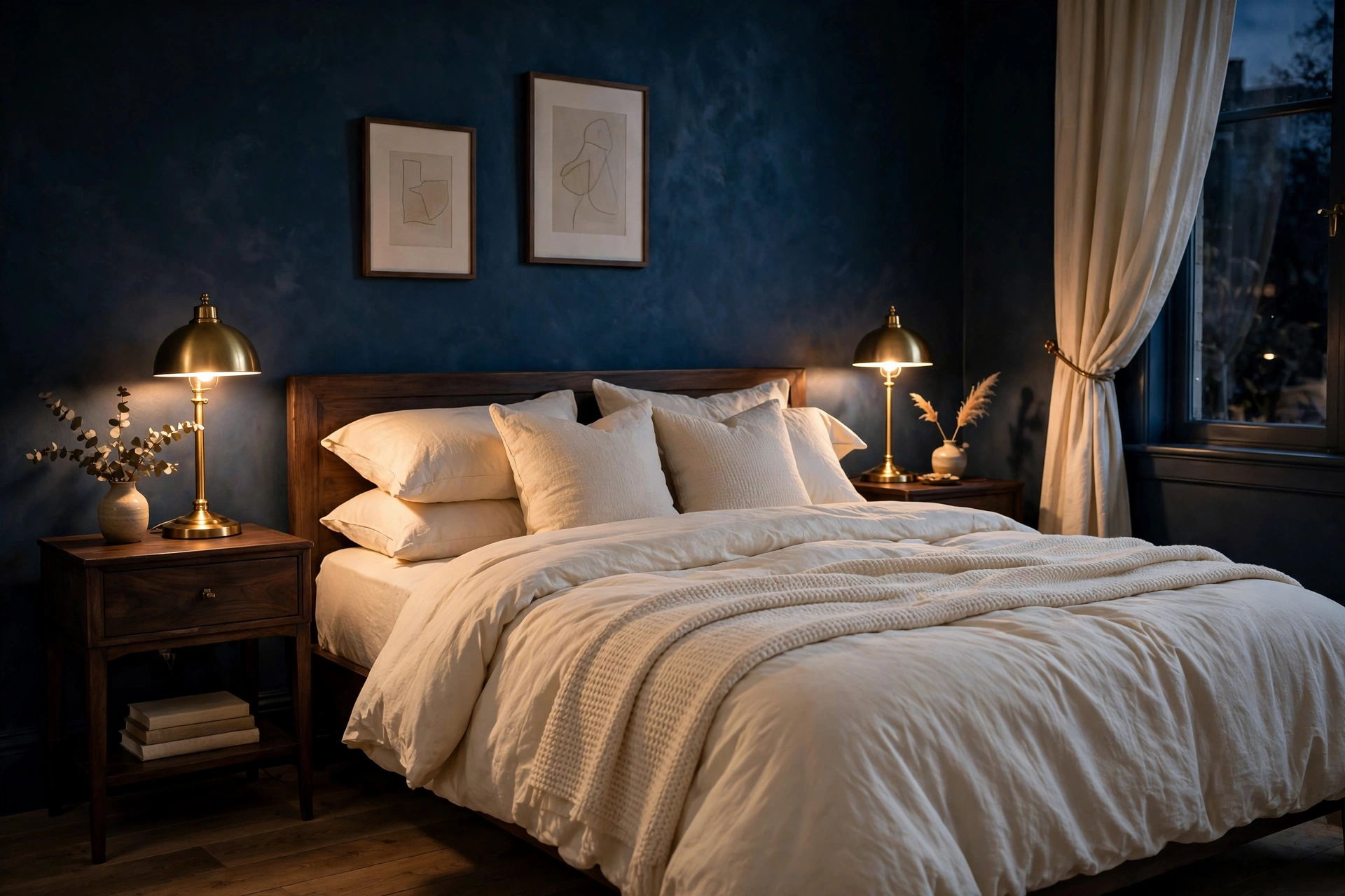 Bedroom with deep ink-blue walls, brass bedside lamps and cream bedding glowing in warm light